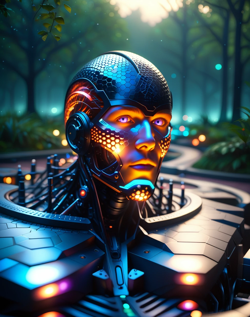 <lora:Voronoya_Pony_v2:0.7>
hyper-realistic image portrays an elderly man whose face blends organic and robotic elements. The middle section of his face shows weathered human skin with expressive eyes that reveal deep emotion, contrasting sharply with the mechanical components surrounding it. His neck and shoulders feature pneumatic and hydraulic engineering, with his head adorned in metallic plates and intricate circuits. This seamless integration of flesh and machinery creates a smooth yet unsettling transition, emphasizing the advance of technology fused into his very being. The backdrop and lighting enhance this blend, focusing on the textures and creating a dynamic interplay of shadows and light, reflecting deeper themes of identity, mortality, and the evolution of humanity.
BREAK This photograph presents a captivating 3D game concept rendered with a photoorealistic quality. The visual style is characterized by (a voxelized, lowpoly design:1.1) that employs a physically based approach to simulate the natural world. The sharp edges and geometric forms are indicative of (a voronoi pattern:1.3), which is a technique used to generate irregular polygons that fit together seamlessly. The overall atmosphere is one of mystery and serenity, with a color palette that transitions from deep purples and blues to soft pinks and oranges, creating a sense of twilight or dawn. The environment is rich with details, from the textured ground that appears to be made of interlocking hexagonal tiles to the intricate foliage of the trees. The lighting is subtle yet effective, with the soft glow of the horizon and the scattered stars adding depth and dimension to the scene. The image is a testament to the beauty of simplicity, where basic geometric shapes come together to create a world that feels both familiar and otherworldly.
<lora:Meostigmat_f1.7_100mm:0.33> <lora:Gl1tchBasalt-000021:0.33> Gl1tchBasalt