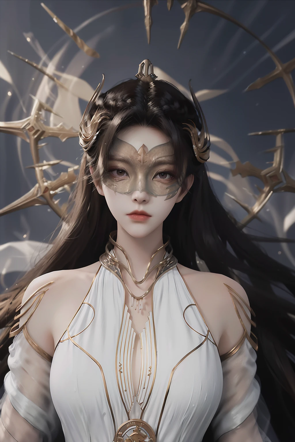 <lora:RuthlessEmperor:1>,henrendadi,1girl,hair ornament,dress,solo,long hair,white dress,weapon,upper body,black hair,weibo logo,sky,mask,smoke,bare shoulders,expressionless,brown hair,