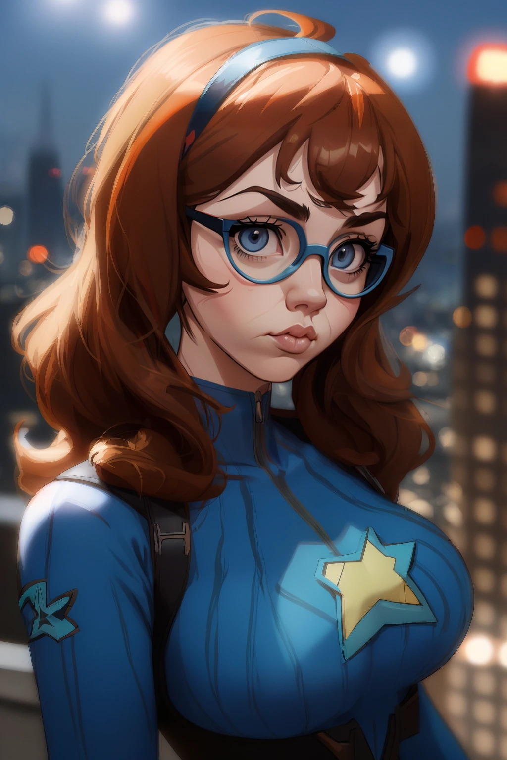 dramatic cartoon portrait 3lba_n0texist spectacles in a blue superhero costume on a rooftop, looking at the camera, cinematic angle, Bokeh effect, dynamic lighting, photorealistic, high detail