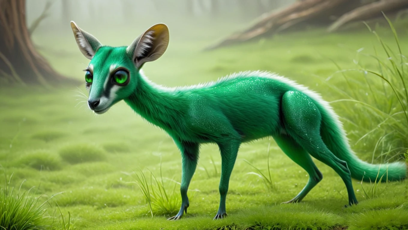 <lora:artfullyEGRAZER_SDXL_V1:1>,  emerald grazer, These herbivores are a medium sized mammal, they sparkle at the tips of it's fur where the dew collects in the early mornings after munching on the alien grass