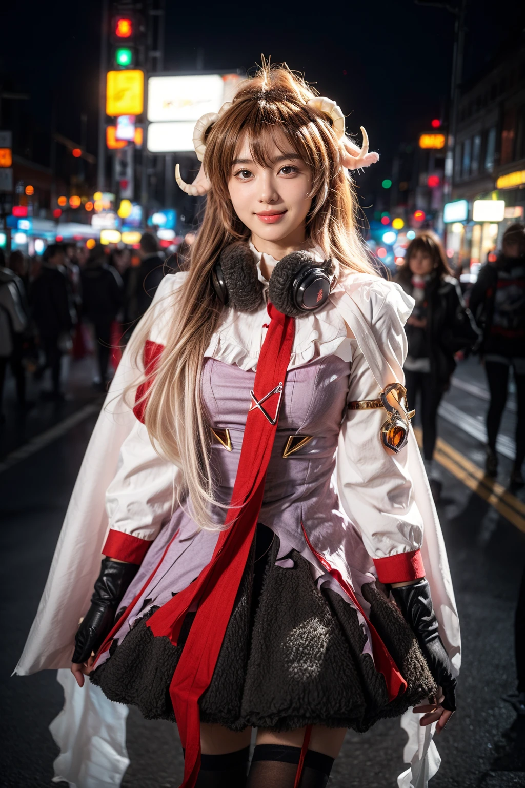 best quality,masterpiece,realistic,photorealistic,1girl,solo,smile,looking at viewer,standing,cowboy shot,eyjafjalla cosplay costume,eyjafjalla,arknights,cosplay,brown hair,long hair,animal ears,horns,sheep horns,dress,white cape,gloves,headphones around neck,ribbon,thighhighs,outdoors,night,neon lights,light,people,billboard,detail background,<lora:Arknights_Eyjafjalla_cosplay_v1:0.7>,<lora:Background_Detail_v3:1>,<lora:background & distence control:-1>,<lora:add_detail:1>,