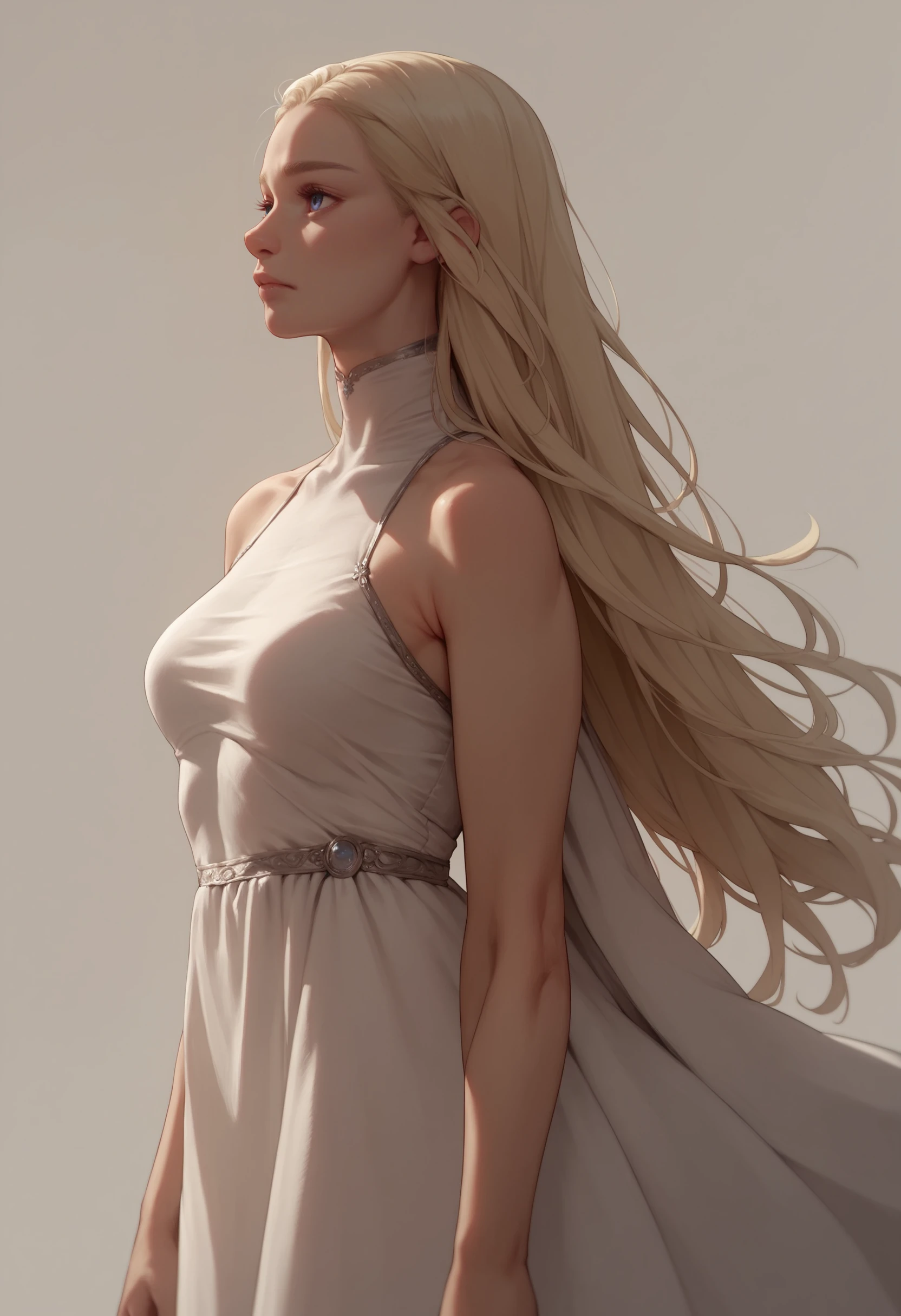 score_9, score_8_up, score_7_up, score_6_up, score_5_up, score_4_up, 1girl, <lora:DaenerysTargaryen:0.75> , solo, long hair, blonde hair, blue eyes, dress, white dress, covered breasts, standing, from side, covered neck,