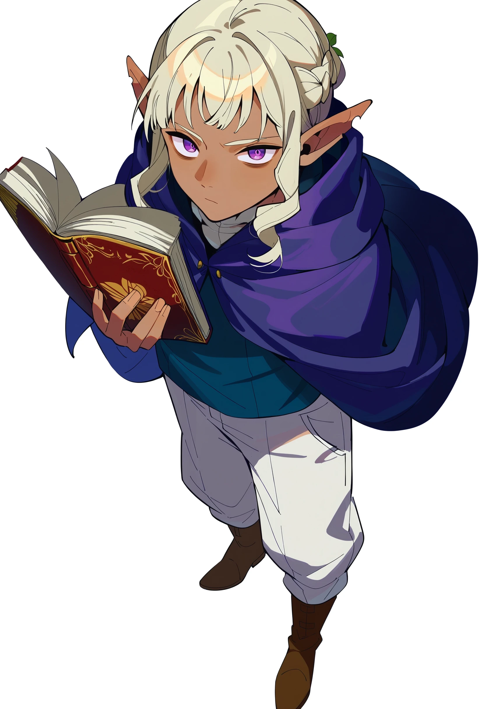 score_9,score_8_up,score_7_up,score_6_up, source_anime,
thistle, thistle original outfit, solo, looking at viewer, 1boy, holding, standing, purple eyes, full body, braid, male focus, sidelocks, boots, dungeon meshi, pointy ears, pants, dark skin, book, brown footwear, elf, cloak, androgynous, holding book, white pants, open book, notched ear,
standing, from above, full body,
white background, simple background,
masterpiece, best quality, very aesthetic, absurdres
<lora:dungeon_meshi_collection_v23:1>