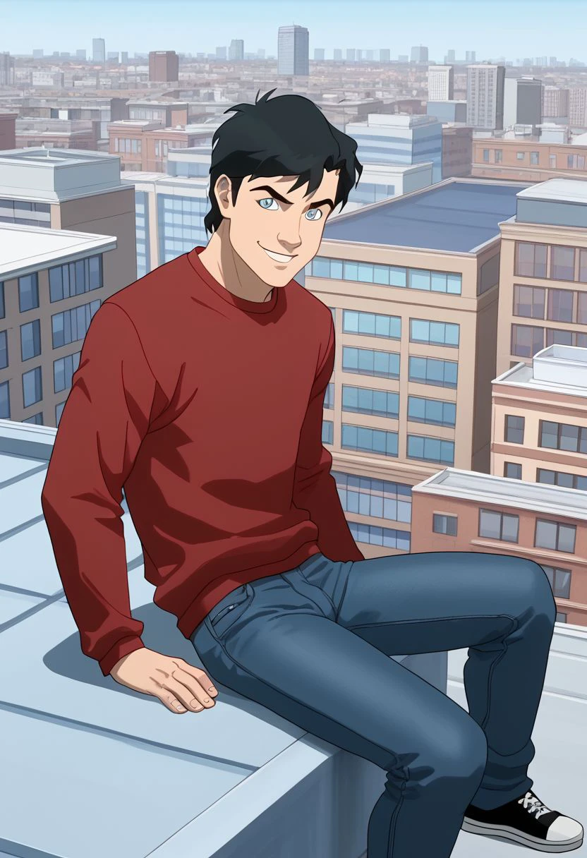 High Quality,  Billy batson,  solo, 1boy, black hair, blue eyes, red tshirt, bluejeans, smile, posing on the roof of a building,