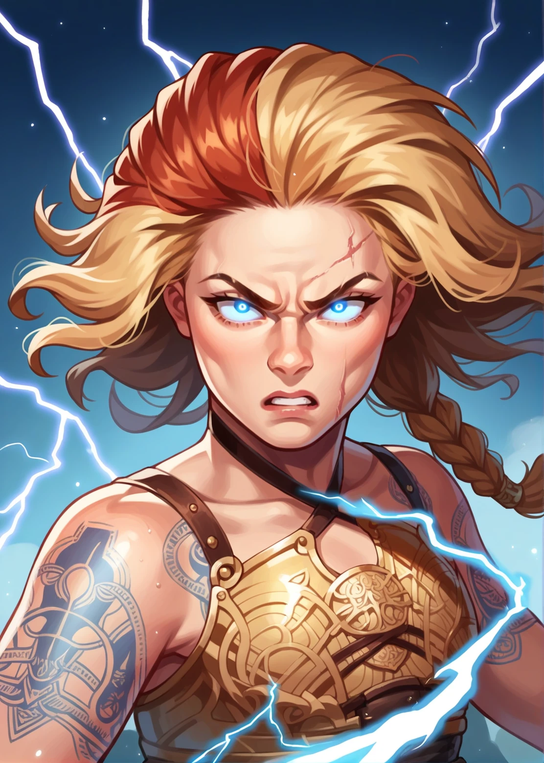 woman, 2d, digital art, masterpiece <lora:Thrúd_Thorsdóttir:1> thrud, 1girl, braid, runic tattooos, action pose, bending forard, looking at the viewer, hair on wind, Lightning in the background, ((glowing eyes)) angry, motion blur, lightning powers around the body, Scars <lora:sinfully_stylish_PONY_0.2:0.7> dramatic lighting, red and blonde  hair, score_9, score_8_up, score_7_up, score_6_up, score_5_up, score_4_up