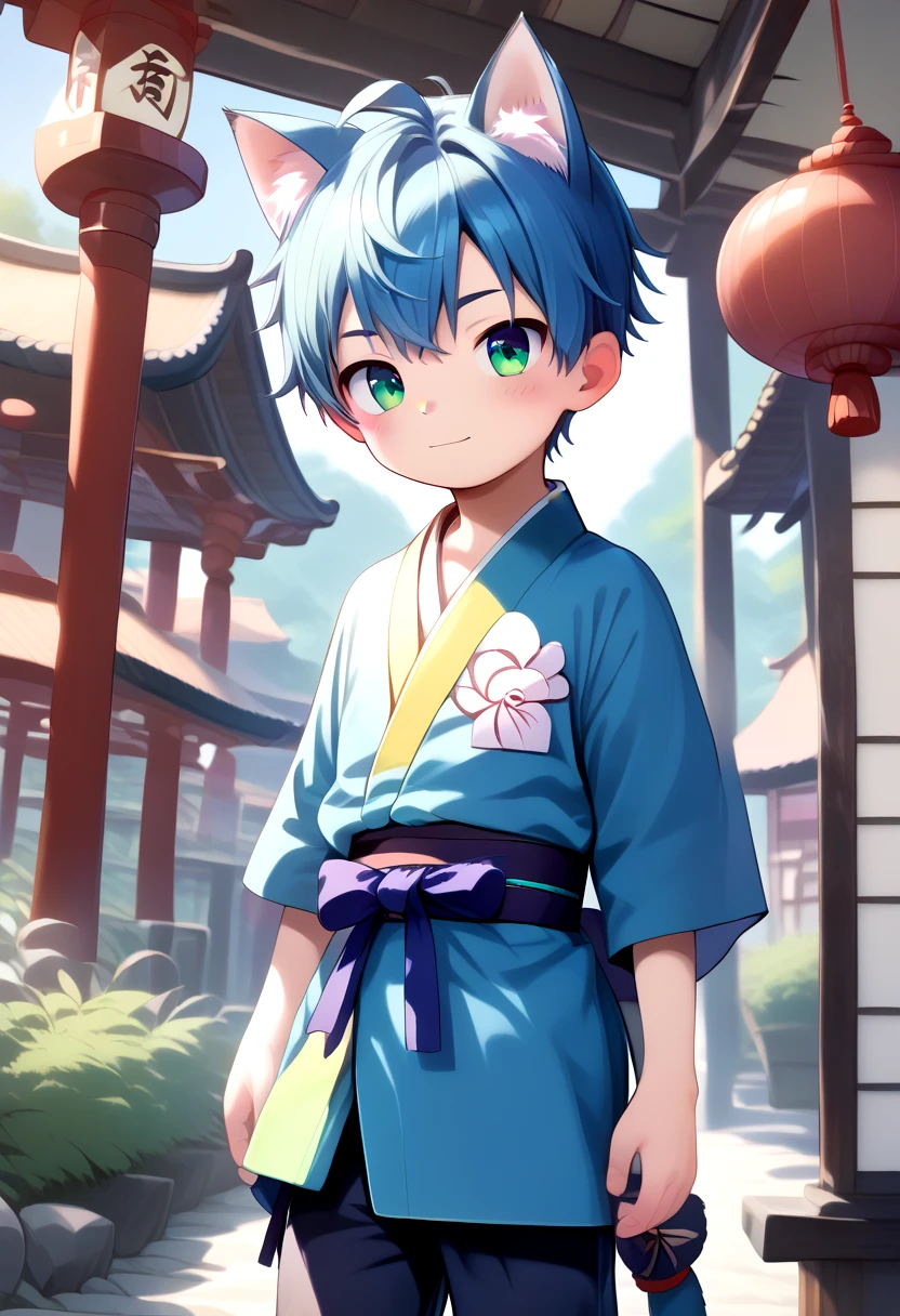 score_9, score_8_up, score_7_up, rating_safe, BREAK
straight on shot, standing,detailed eyes, village,
<lora:cutifiedanimecharacterdesign_variant_type_G_PonyXL_v10:1>, 1boy, type-g,  cat boy, blue hair,  Kimono, pants