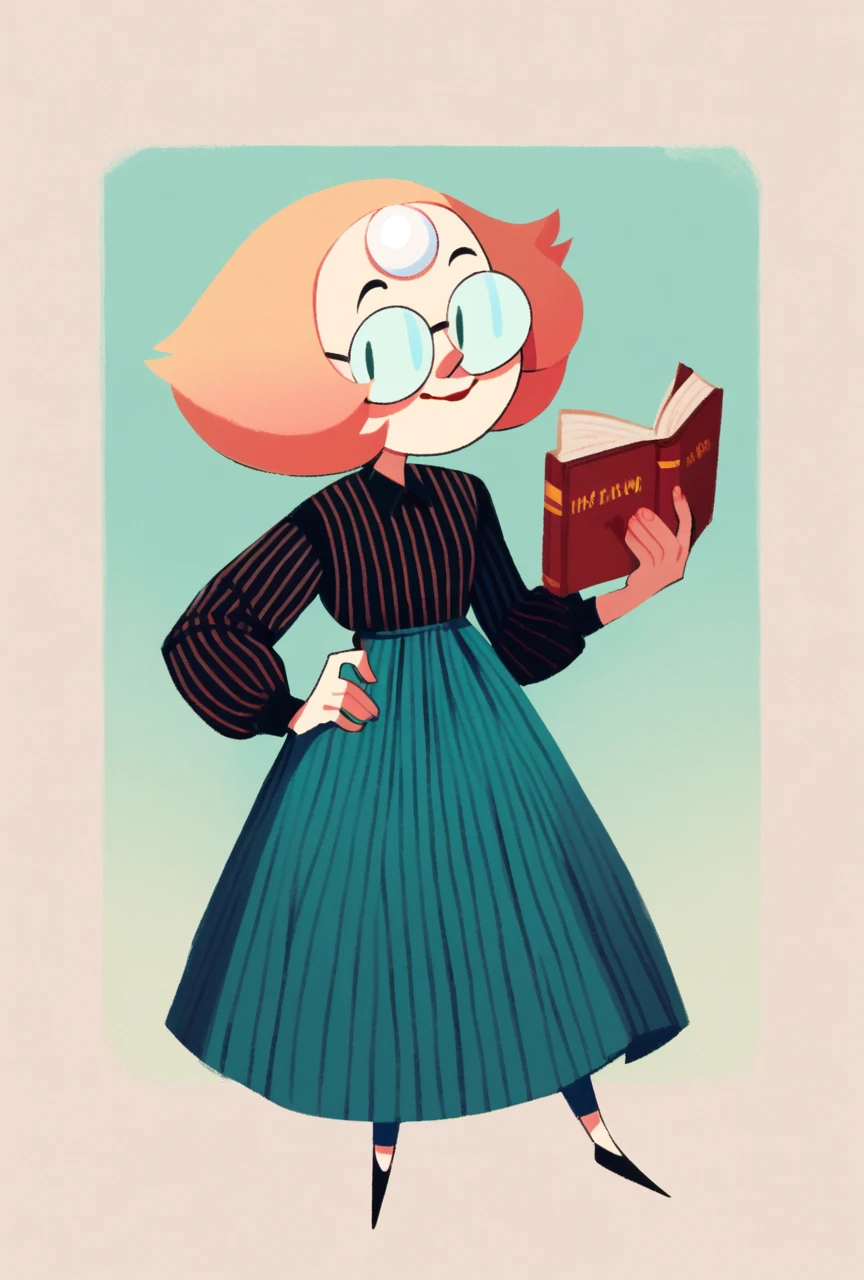 Procyart, <lora:Procyart_r1-000005:0.8>pearl striped clothes, black shirt, sleeves past wrists, shirt, long skirt  <lora:Pearl_PDXL:0.25>, pearl, (glasses:0.7), book, score_8_up, score_7_up, score_6_up
