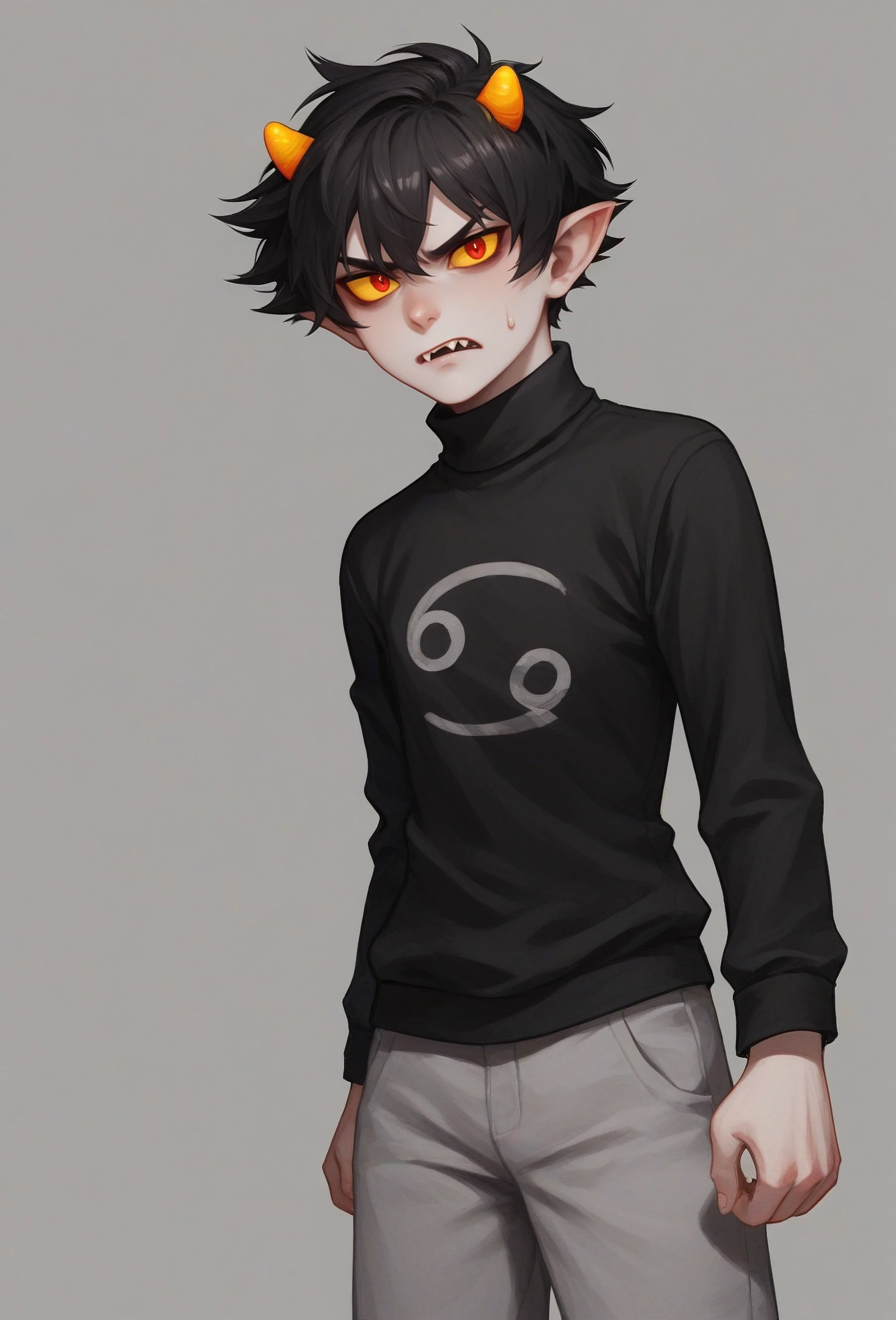 , score_9, score_8_up, score_7_up, masterpiece,  , line art, portrait,  anime,, detailed,  <lora:Expressive_H:0.45> Expressiveh,   looking at viewer,  annoyed,  frustrated,   <lora:Karkat_vantas:0.8>, black hair, short hair, horns, gray skin, colored skin, yellow sclera, red eyes pointy ears,  gray pants, sweatpants,  turtleneck, black sweater,  grunt, fangs,  cancer \(symbol\) on sweater ,