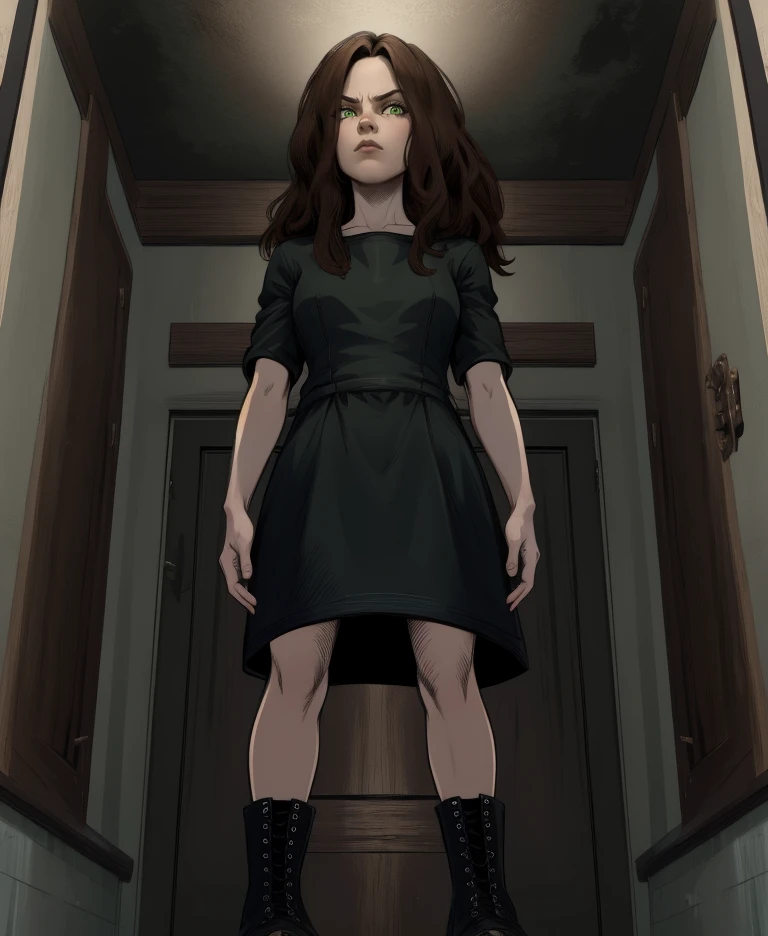 eveline,green eyes,long hair,brown hair,
black dress,short sleeves, boots, looking at viewer,serious,
standing,from below,
dark room,black slime,
(insanely detailed,  masterpiece, best quality),solo,<lora:EvelineRE7:0.8>,