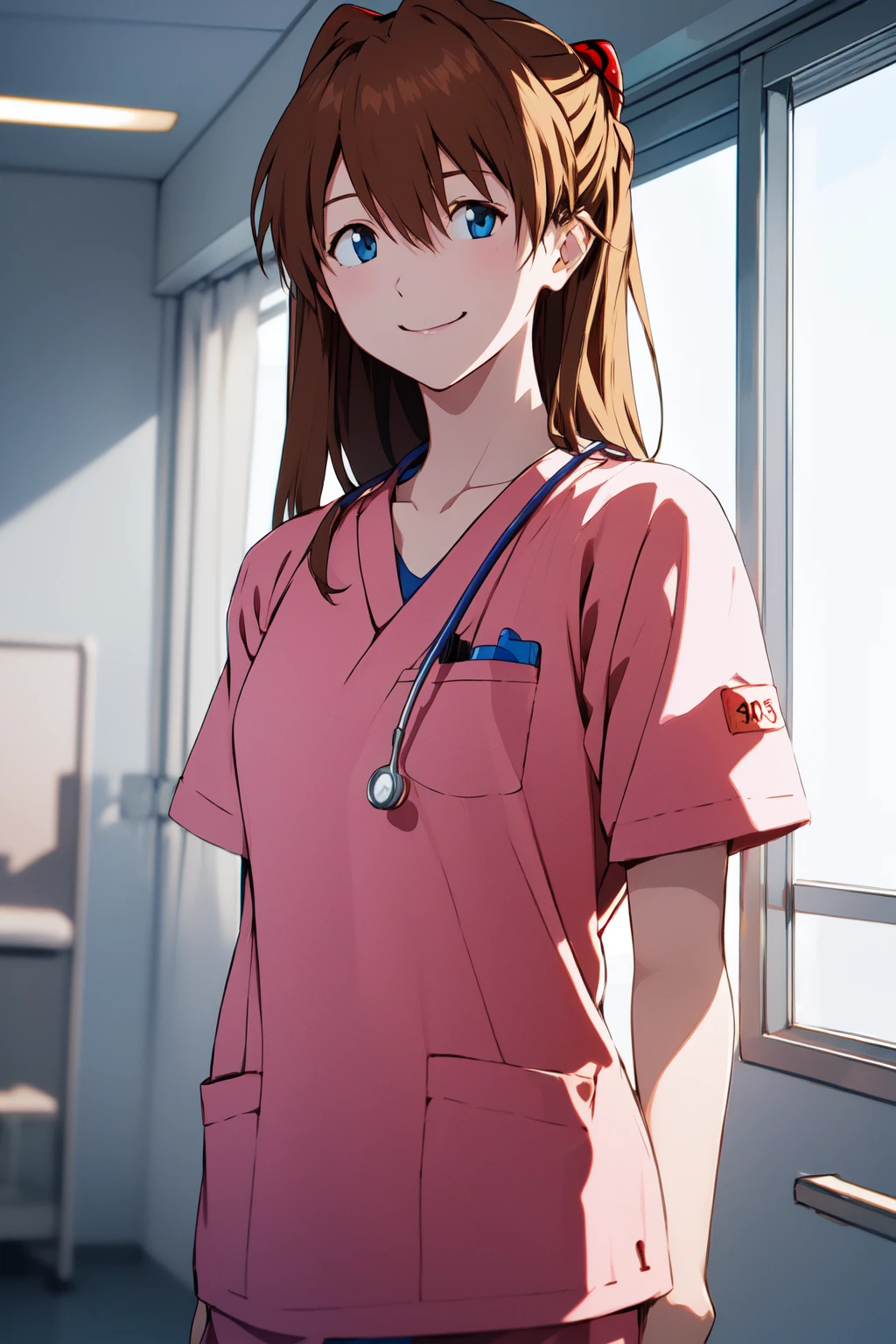 (RAW photo, best quality), masterpiece, light smile, natural lighting, 1girl,
hospital, 
 <lora:ClothingMedicalScrubs0:0.8> scrubs,
<lora:asuka_v1_2:0.9> ppasuka,