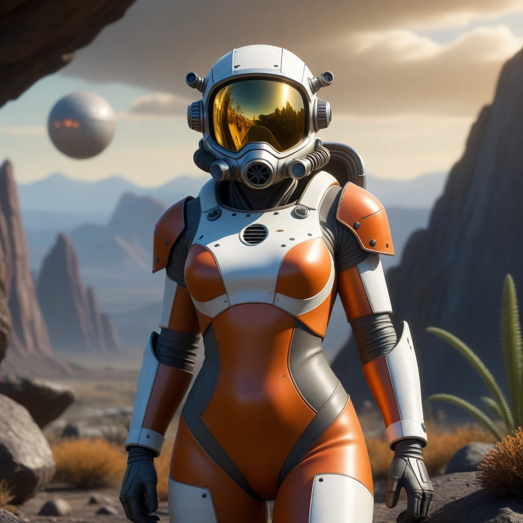 alien planet landscape, futuristic research facility, snow mountain in background, green alien vegetation, rocky mountainous environment, extremely realistic highly detailed wide angle shot, canon 5d, rear angle shot of a beautiful female scientist wearing a cybernetic space suit and a helmet, athletic body, big ass, tight clothes