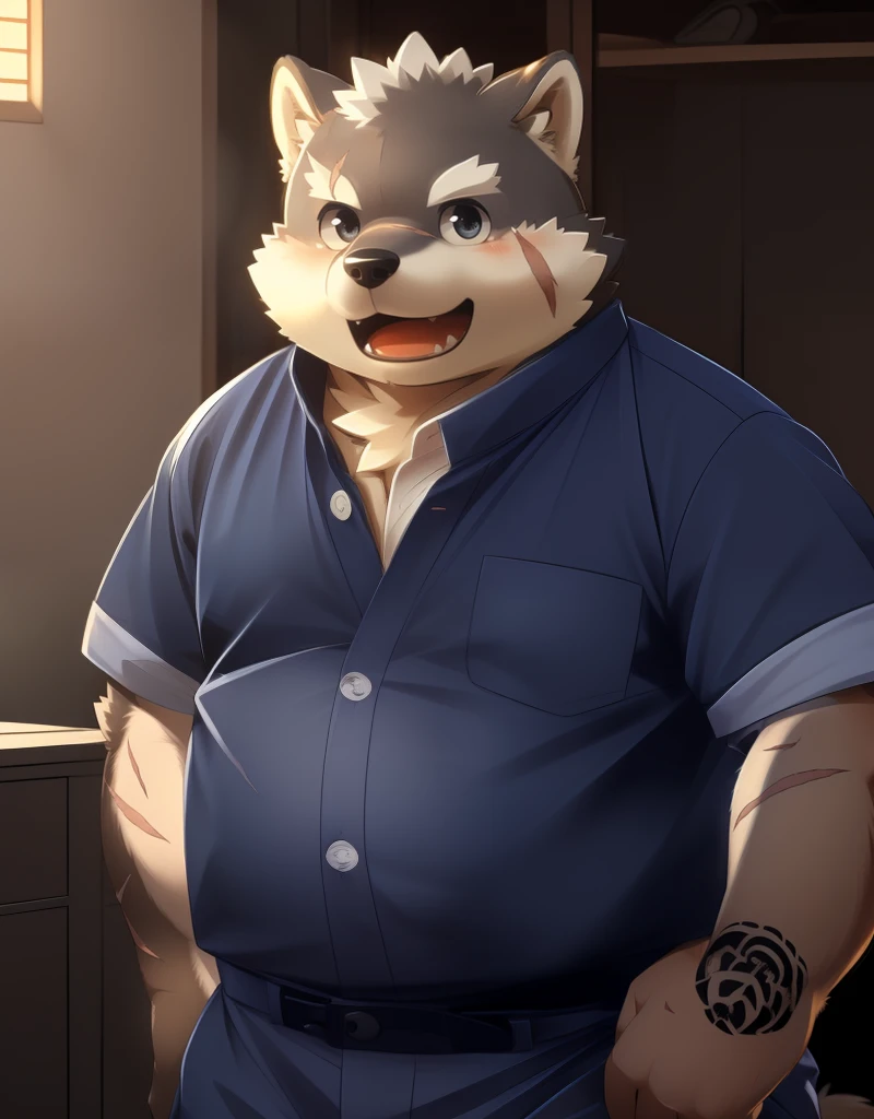 (((detailed eyes, detailed face))), (furry, moritaka <lora:character_moritaka_findigo_v2:1>, two-tone fur, dog boy, snout, black eyes, scar, tattoo on hand), male, (solo), (plump, fat, chubby, overweight), ((blue gakuran:1.8, yellow button), white shirt, blue pants), standing, (arms behind back), smile, (front view) BREAK (konzaburou, ukan_muri), bedroom, (flat shading, high brightness), 8k, UHD, masterpiece, (full body), (scar on face, scar on cheek, scar on chest, scar on arm, scar on nose)