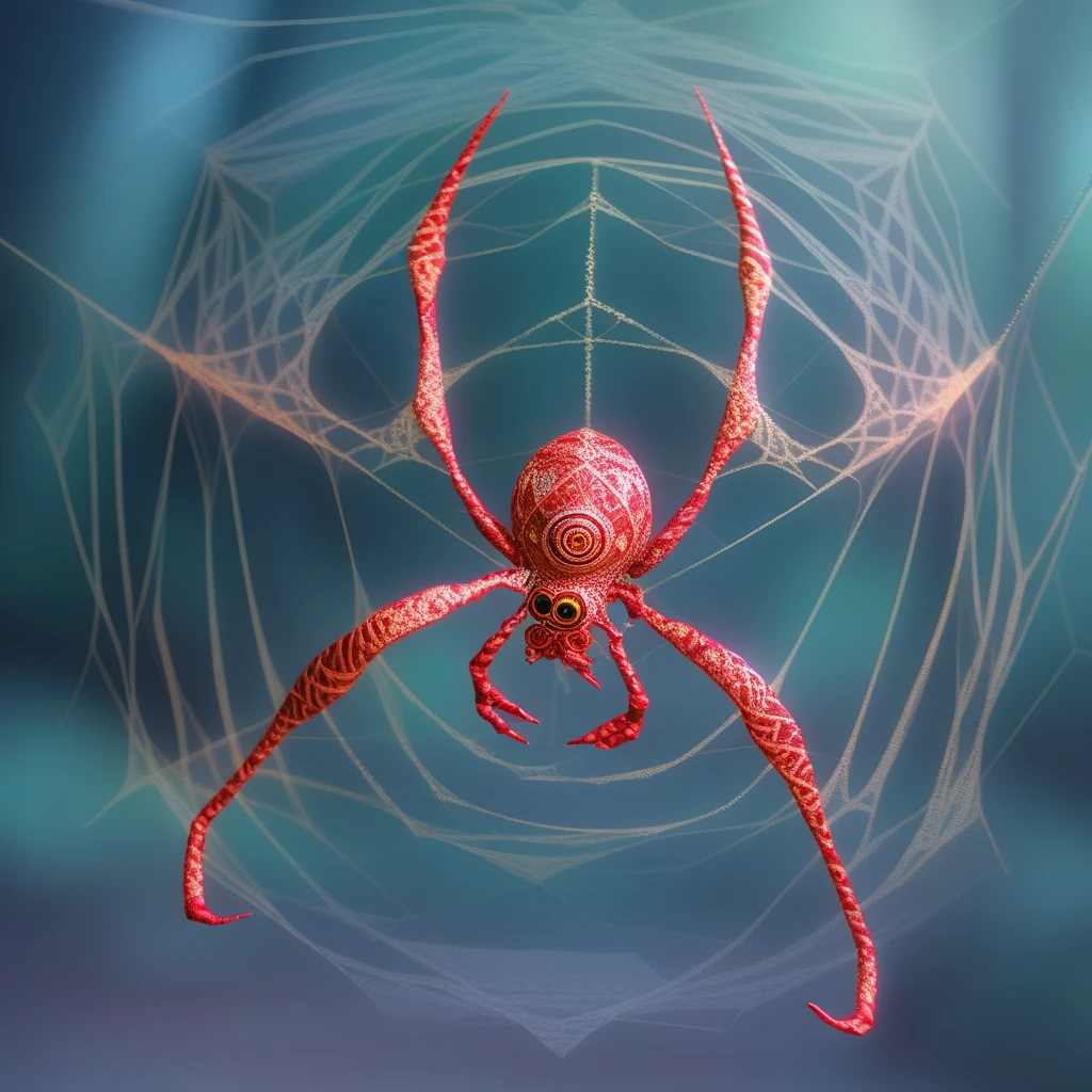 Weaving Pose: The Crimson Spinner is actively weaving its golden silk web. Its legs are working in a precise and methodical manner, with some legs holding onto the web while others spin new strands. The intricate patterns of the web reflect its careful craftsmanship.