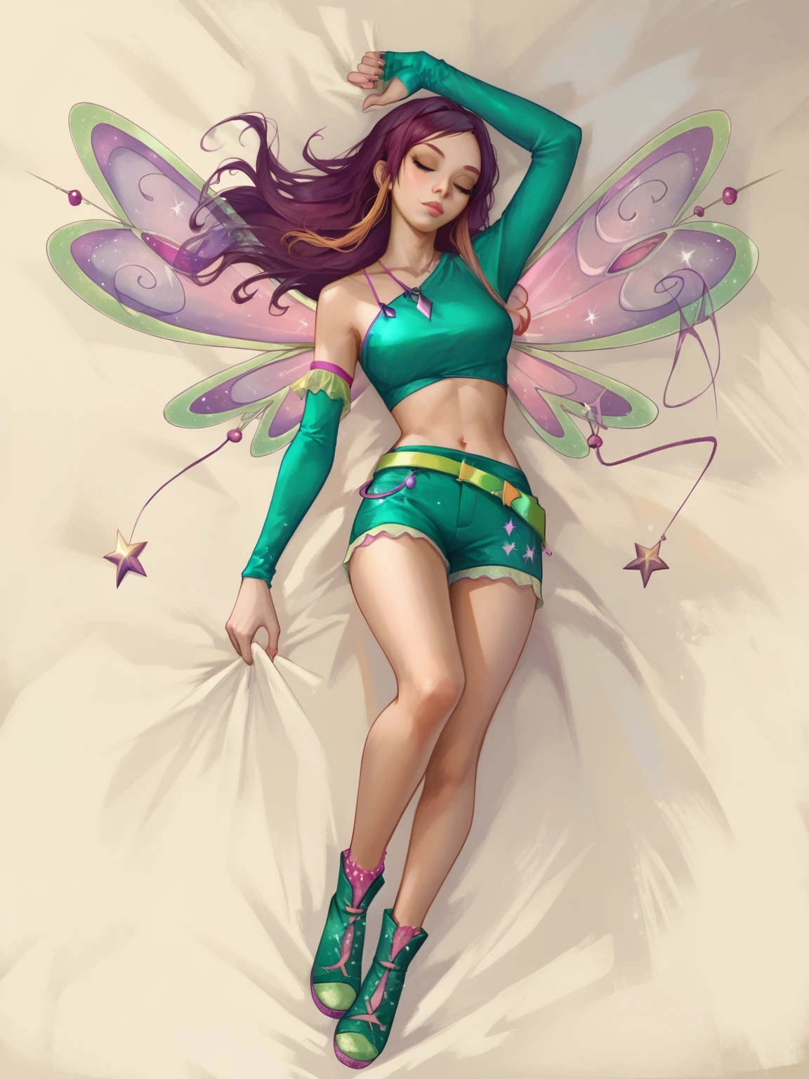 score_9, score_8_up, score_7_up, BREAK,  Roxy, 1girl, solo, long purple hair, green shirt with one with one sleeve, pink and green wings, green shorts, yellow belt, green shoes, wodeipoi, sleeping under transparent sheet, glitter, sunset beach, <lora:RoxyWinx:1>   <lora:wodeipoi:1>