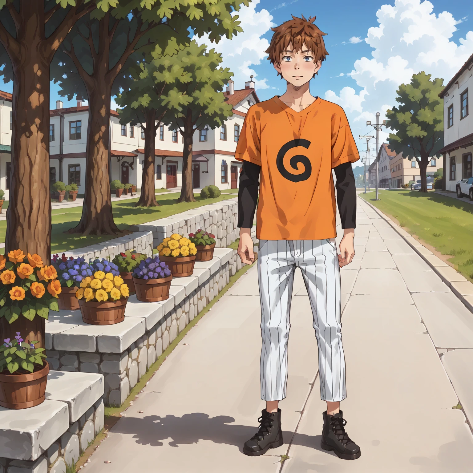 <lora:kazuyakinoshitaXLpony002>,
solo,
kazuyakinoshita,1boy,brown hair,short hair,blue eyes,
t-shirt,orange shirt,short over long sleeves,black sleeves,
pinstripe pants,
full body,
realistic,outdoors,
