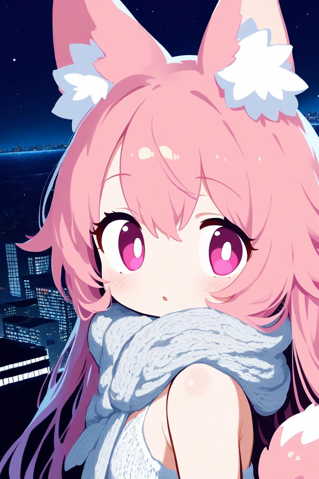 1girl, animal_ears, tail, city, night, light, long hair, pink_hair, pink eyes,close up