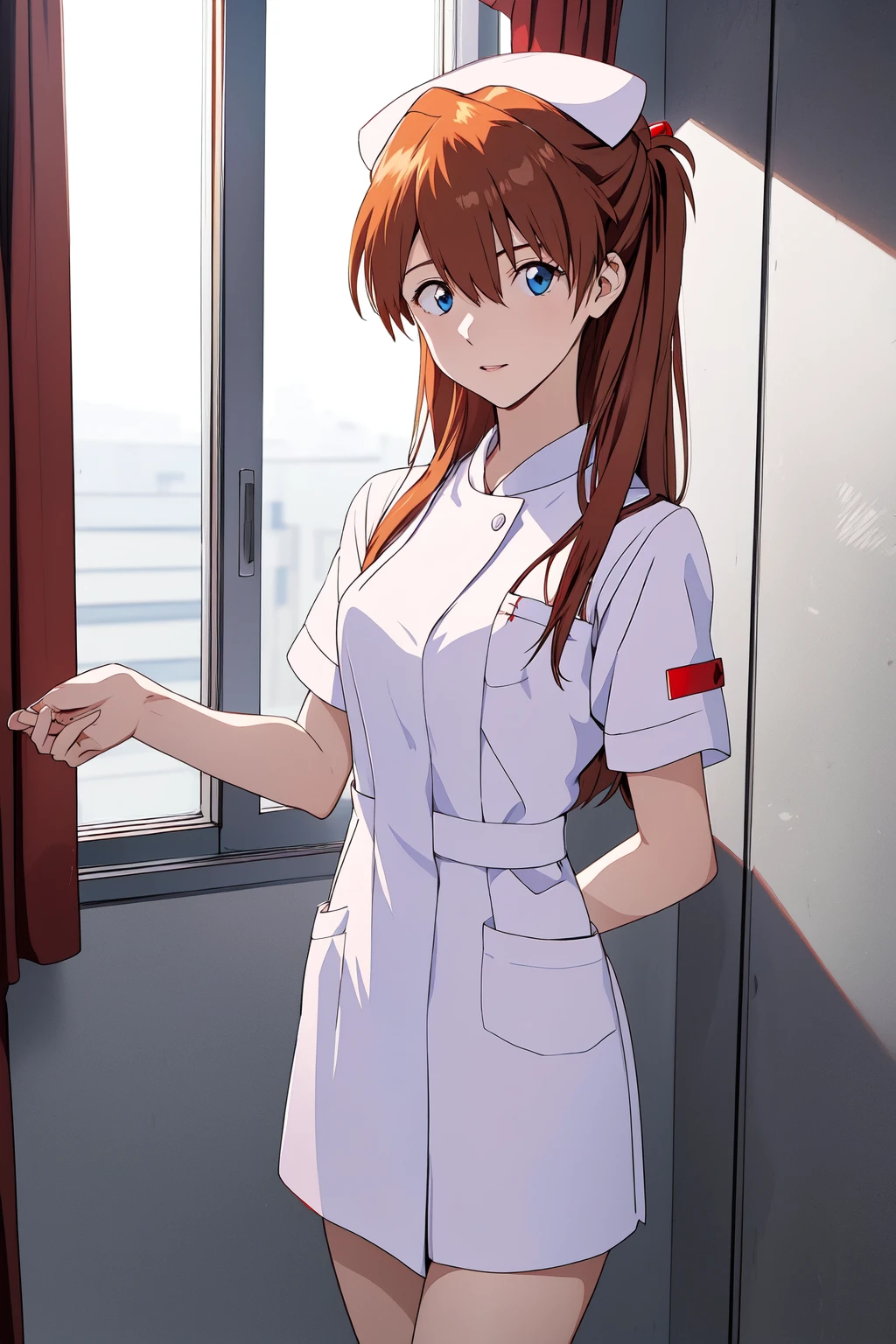 (RAW photo, best quality), 1girl,  natural lighting <lora:asuka_v1_2:0.9> ppasuka,  <lora:NurseUniform0_0:1> (white:1.2) nurse uniform, nurse cap