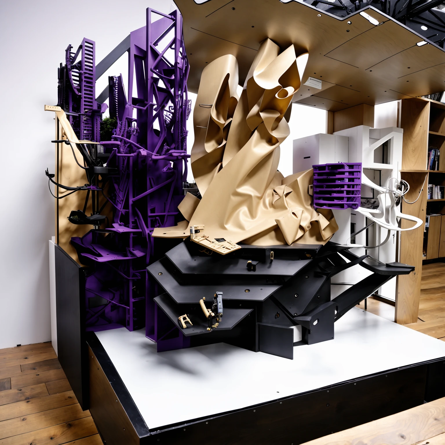 a sculpture of an organic building integrated in an old structure, purple futuristic add-on build in the existing cityscape, (hood140:1.45), architectural model, 3d printing, (multiple materials with transparent surfaces:1.1), (kitbashing:1.2), kubakub, infrastructure hanging from the facade, growing shapes, machines underneath the structure, workshop, sci-fi design, connecting system with ramps, collective housing, morphing forms, highly detailed, 4K, (natural light:1.1), cinematic shot, focused building, blues doctor, summoned jouis, traxence, logo, bookshelf, building, no smoking, indoors, hood, city lights, door