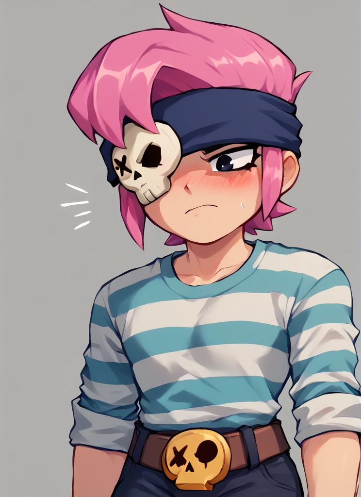 score_9, score_8_up, score_7_up,   <lora:bspenny:1> bspenny ,1girl , pink hair , short hair, black eye ,   bandana,  one eye covered ,  skull  ,hairband  , eyepatch,  , striped shirt, belt,black pants ,blush, Face of shame