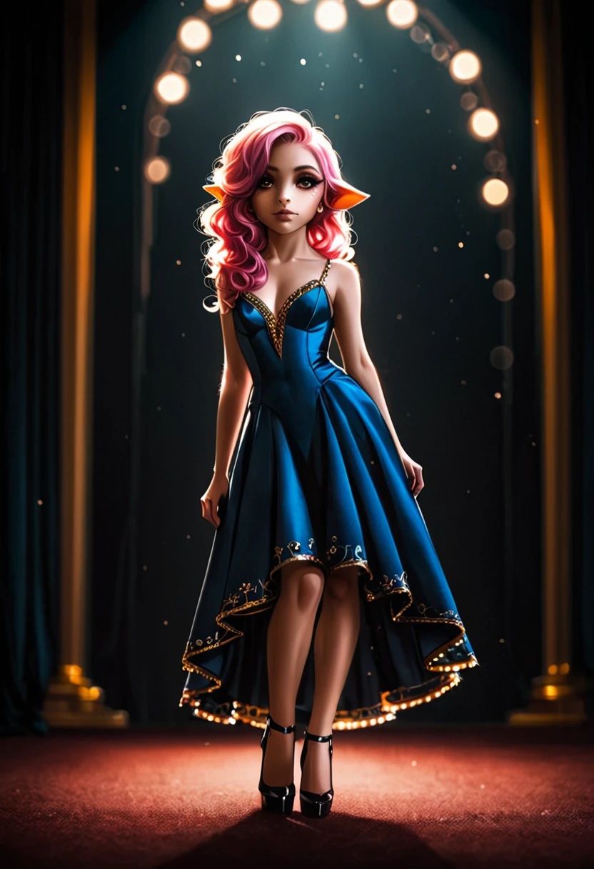 Masterpiece, High quality, beautiful, best quality, 4k, SK_CINEMATIC, fullbody, score_9, score_7 and above, solo, anthro, high fashion, female, yordle, pink hair, long pink hair, shaded, amazing lighting, hard light, rimlight, black background, fashion poze, high heels, blue dress,