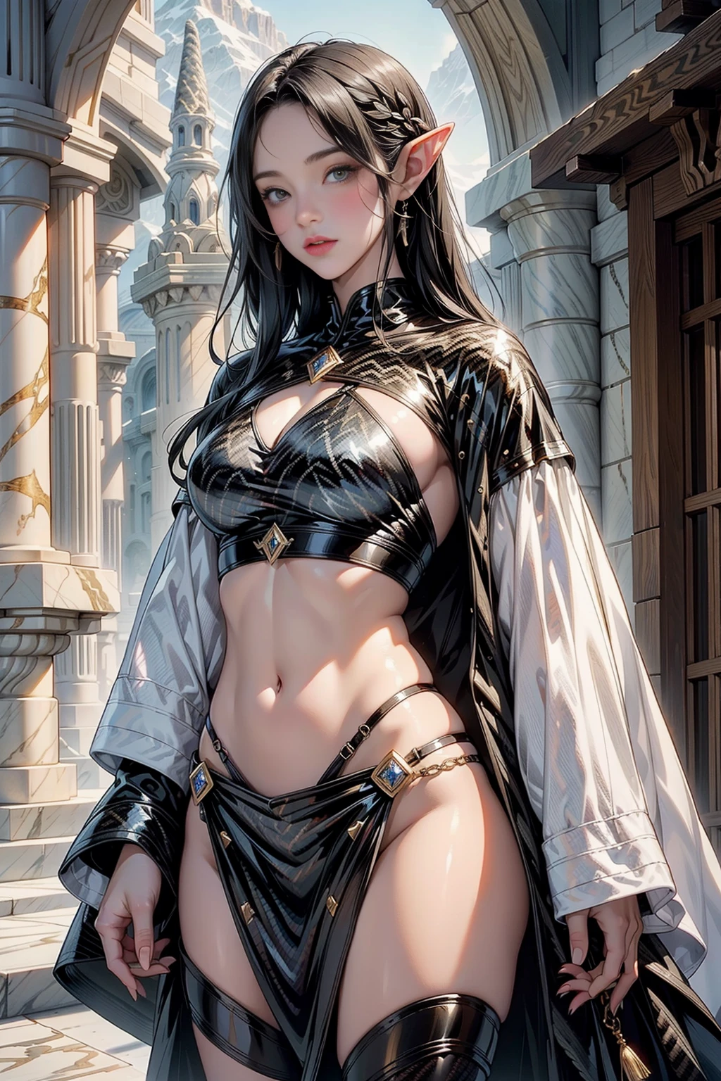  ((best quality)), ((masterpiece)), (detailed), 1girl, NSFW, small breasts, prominent collarbones, skinny arms, flat stomach, visible hip bones, long hair, ponytail, thick ponytail, heavy ponytail, red and white clothing, Bloodborne inspired, occult aesthetic, occult, detailed and intricate steampunk and detailed gothic 