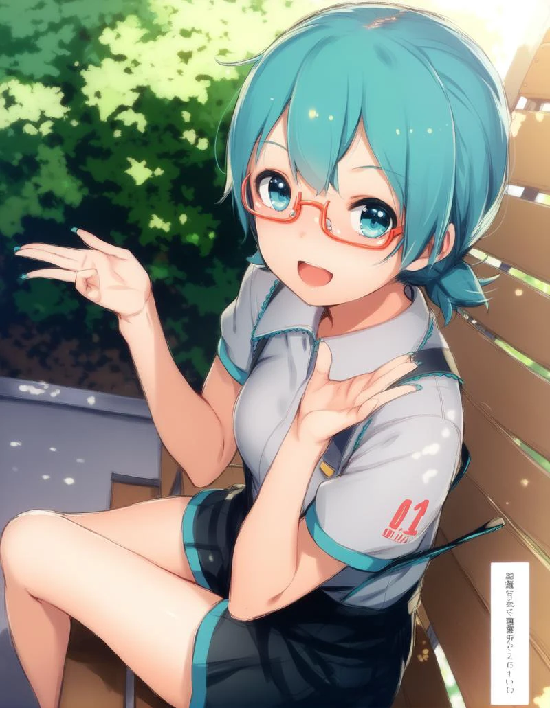 score_9, score_8_up, score_7_up,score_6_up,score_5_up,score_4_up,1girl sitting on a park bench, dutch angle, short hair, low short twintails, school uniform, yellow blue eyes, glasses, suspenders, medium breasts, (hatsune miku:1.1), smile, open mouth,
<lora:sody_style_pony6_v1:1>
