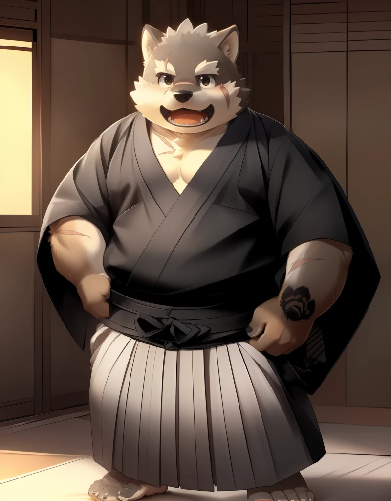 (((detailed eyes, detailed face))), (furry, moritaka <lora:character_moritaka_findigo_v2:1>, two-tone fur, dog boy, snout, black eyes, scar, tattoo on hand), male, (solo), (plump, fat, chubby, overweight), (black kimono, haori, grey hakama), standing, (arms behind back), smile, (front view) BREAK (konzaburou, ukan_muri), bedroom, (flat shading, high brightness), 8k, UHD, masterpiece, (full body), (scar on face, scar on cheek, scar on chest, scar on arm, scar on nose)