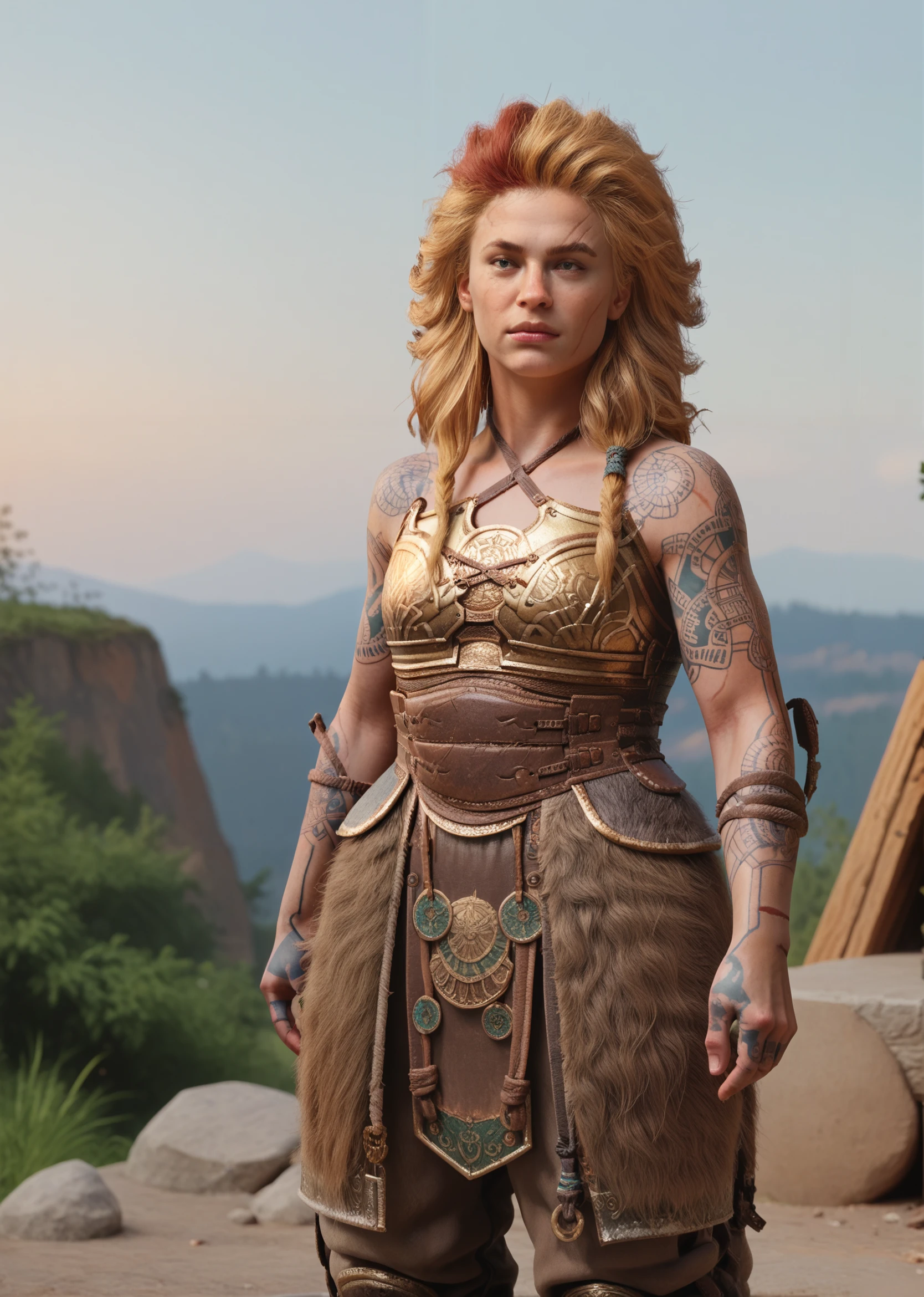 <lora:Thrúd_Thorsdóttir:0.75> thrud, woman, portrait, runic tattoos, armor, blonde hair, scars, outdoors, sky, full body image, frontal fur armor, score_9, score_8_up, score_7_up, score_6_up, score_5_up, score_4_up