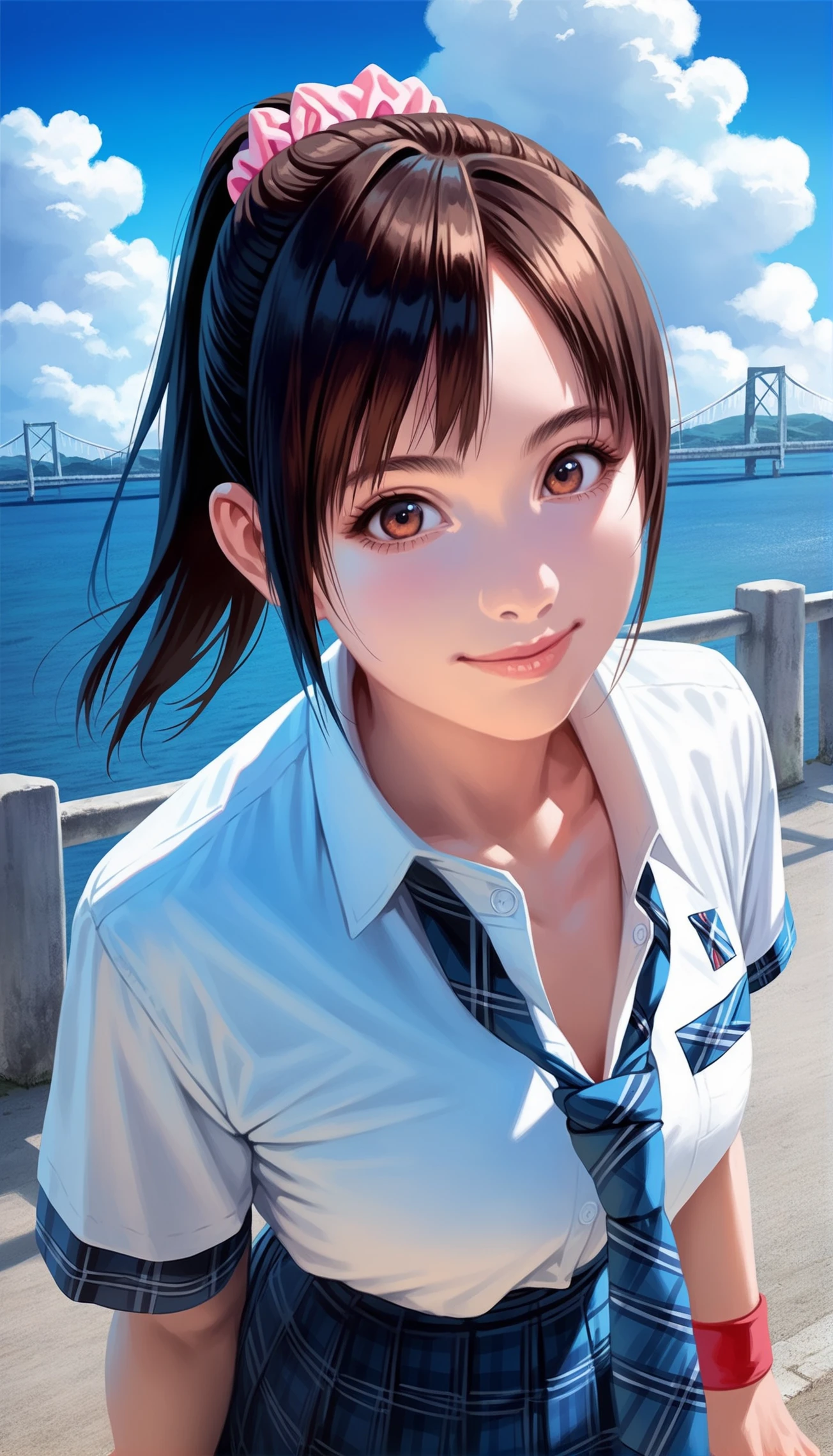 score_9,score_8_up,score_7_up,<lora:miiyamotoHikari:0.8>,
miiyamotohikari,
1girl,solo,black hair,ponytail,bangs,pink scrunchie,brown eyes,school uniform,white shirt,blue plaid skirt,blue plaid necktie,red wristband,medium breasts,
looking at viewer,smile,
portrait,
outdoors,blue sky,sea,cloud,street,railings,distant large bridge,distant mountains,clear blue sky,soft clouds drifting,summer,beautiful landscape,