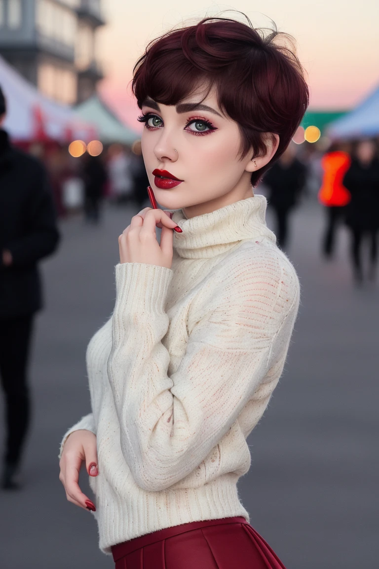 <lora:rocketbabey-07:0.5>,rocketbabey, ((detailed eyes, beautiful eyes, detailed face, beautiful face):1.2), ((short hair, pixie cut)), ((red lipstick, blush, pale skin)),  ,  photo of a woman, ,beautiful picture, fully clothed, turtleneck sweater, skirt, thighhighs, outside, carnival, festival, sunset, detailed, ,walking