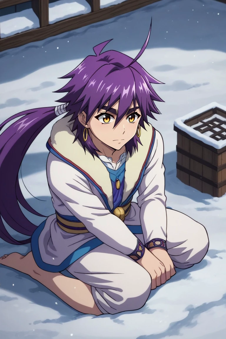 score_9, score_8_up, score_7_up, source_anime, rating_safe, intricate details, semi-realistic, , depth of field, 1boy, solo, male focus, <lora:sinbad_magi_snb_pony:0.94>, sinbad_magi_snb, purple hair, yellow eyes, long hair, ponytail, hair between eyes, ahoge, , , from above, full body, snowy town, snow, ice, stalagmite, indoors, dark, sitting, nervous, , <lora:sdxl_lightning_8step_lora:1>