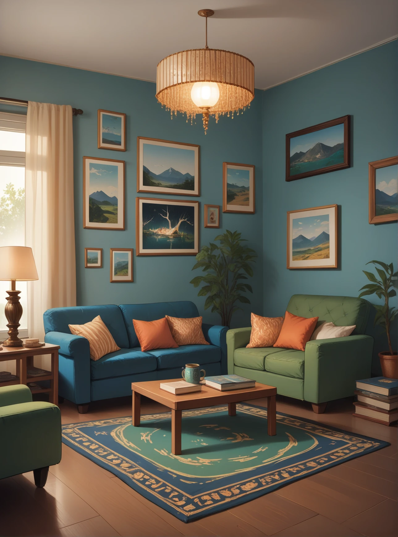 score_9, score_8_up, score_7_up, score_6_up, score_5_up, score_4_up, hud_lr_mdrn, no humans, couch, scenery, table, indoors, pillow, chair, book, lamp, cushion, living room, blue walls, green carpet, trippy paintings, <lora:modern_lr-000009:0.8>