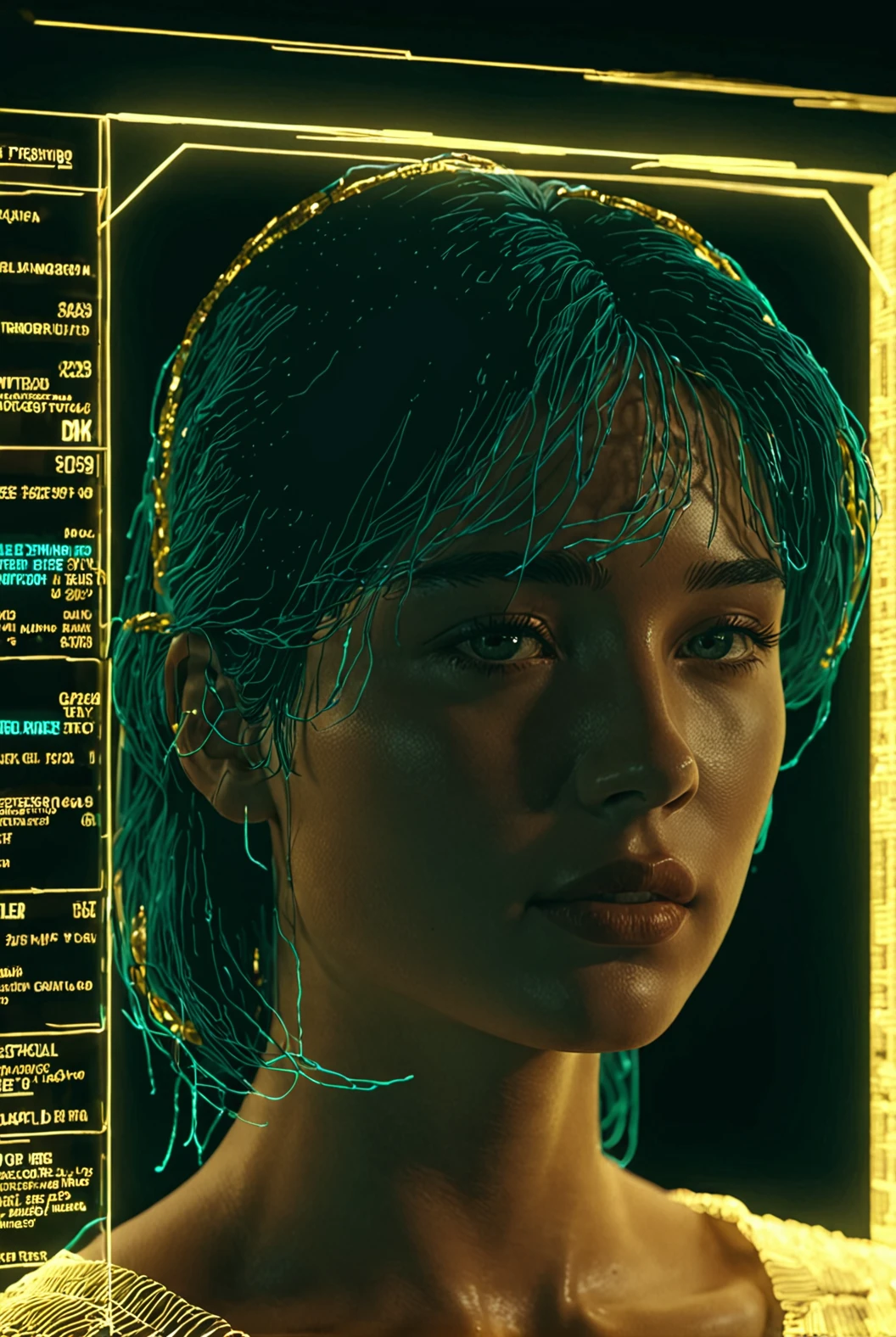 1girl, aqua wireframe of woman, vhs grain, dark lighting, gold reflections, CRT grain, white noise glitch, lineart, portrait, english text, UI display, HUD
[high quality photo, 4k, hd, 7-AnalogueInterfaces, 7-vectors]
<lora:add-detail-xl:0.5> <lora:CRT Vectors v1.0:0.8>