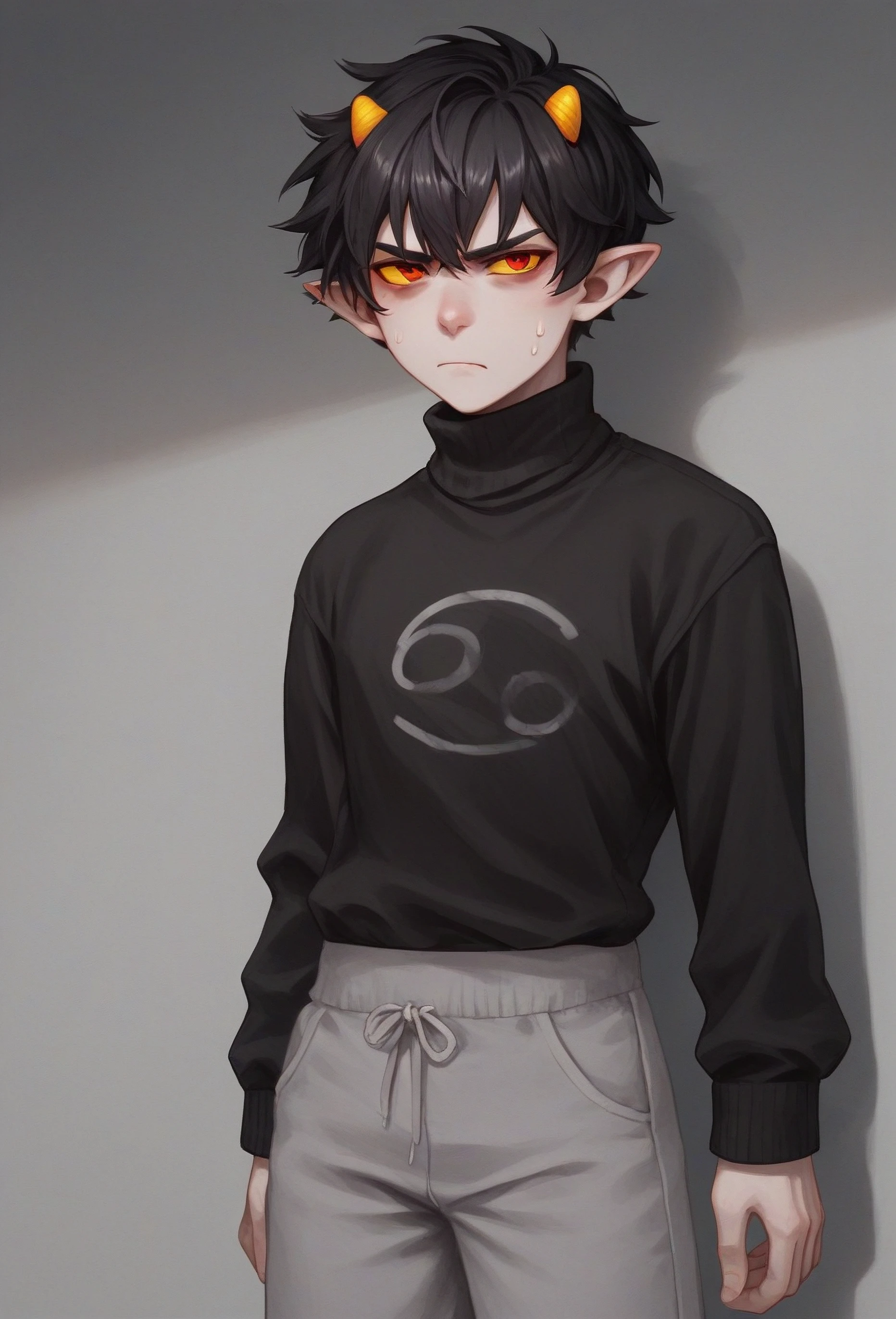 , score_9, score_8_up, score_7_up, masterpiece,  , line art, portrait,  anime,, detailed,  <lora:Expressive_H:0.45> Expressiveh,   looking at viewer,  annoyed,  frustrated,   <lora:Karkat_vantas:0.8>, black hair, short hair, horns, gray skin, colored skin, yellow sclera, red eyes pointy ears,  gray pants, sweatpants,  turtleneck, black sweater,