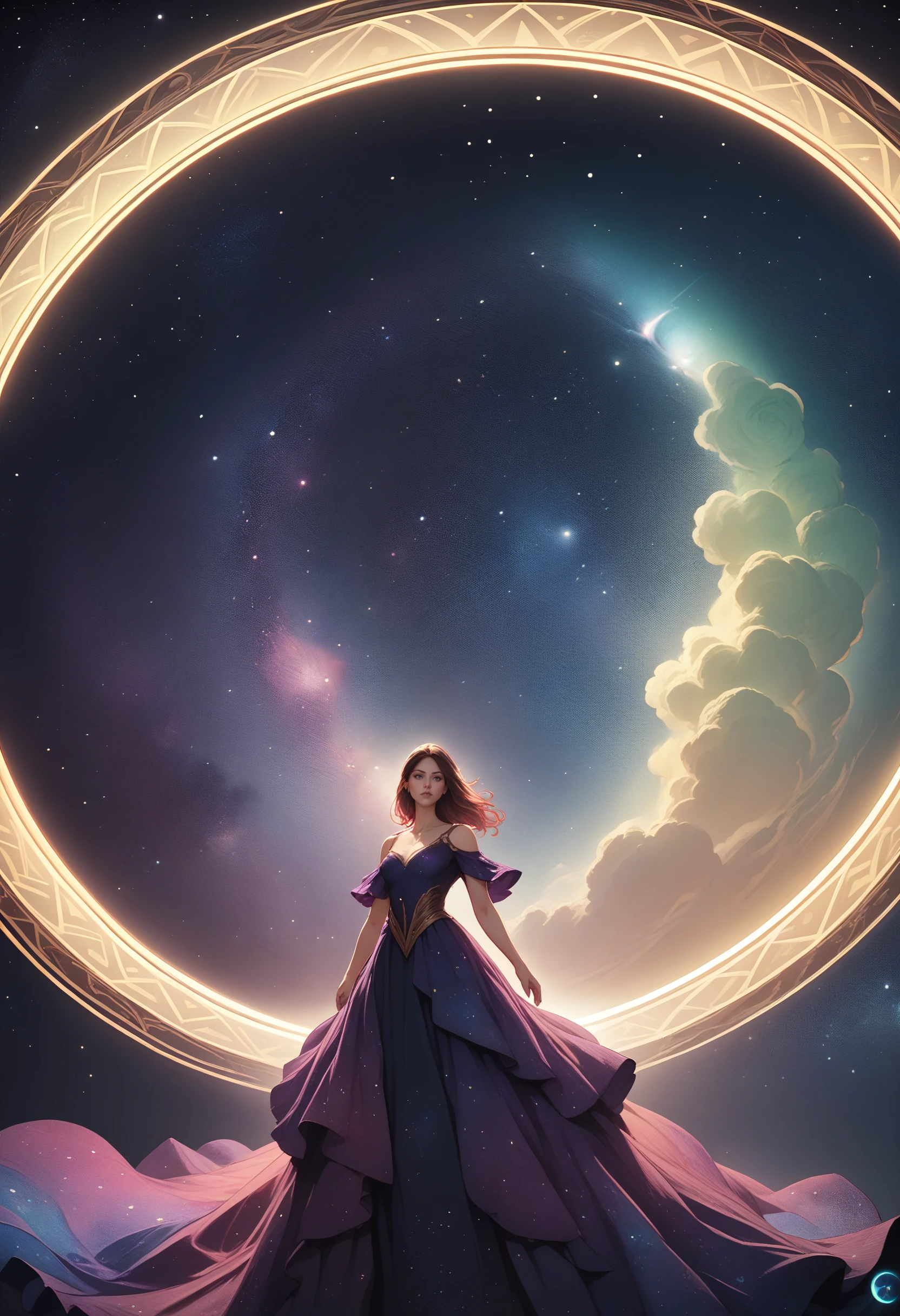score_9, score_8_up, score_7_up, BREAK detailed, detailed background, (abstract art:1.2), dark theme, vibrant light-trail effect, cosmic dress, cosmic beauty, outer space, stars, nebula, wide shot