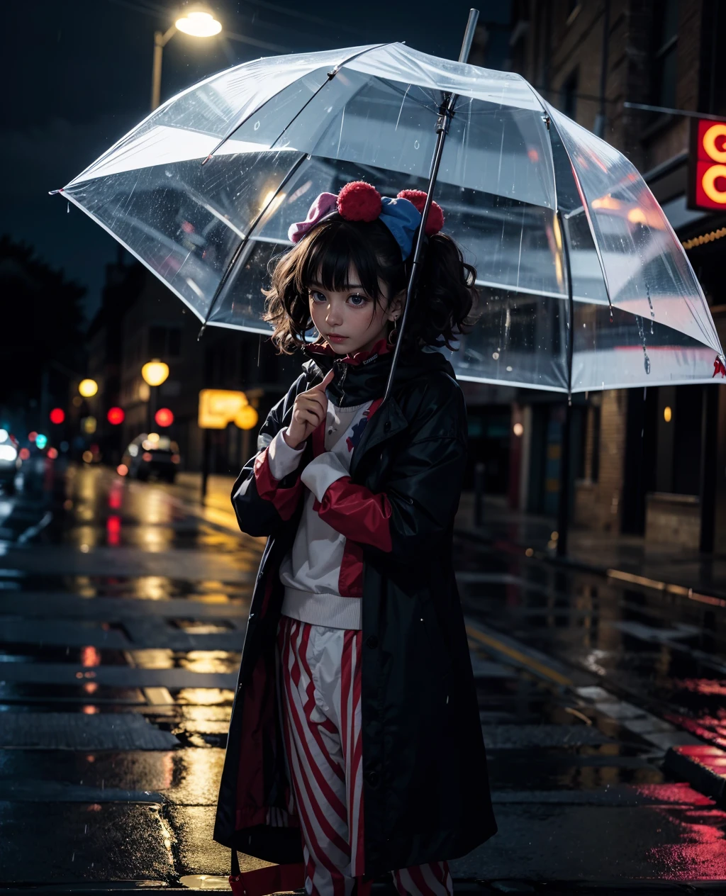 a clown on street,night,raining,dark sky,
BREAK masterpiece,best quality,