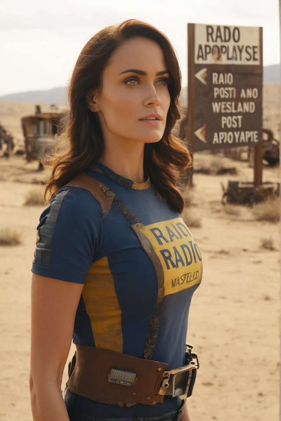 falloutcinematic, Lucy MacLean, upper body framing, vault dweller shirt, sign reads "RADIO", wasteland, post apocalypse, outdoors, standing, looking away,
