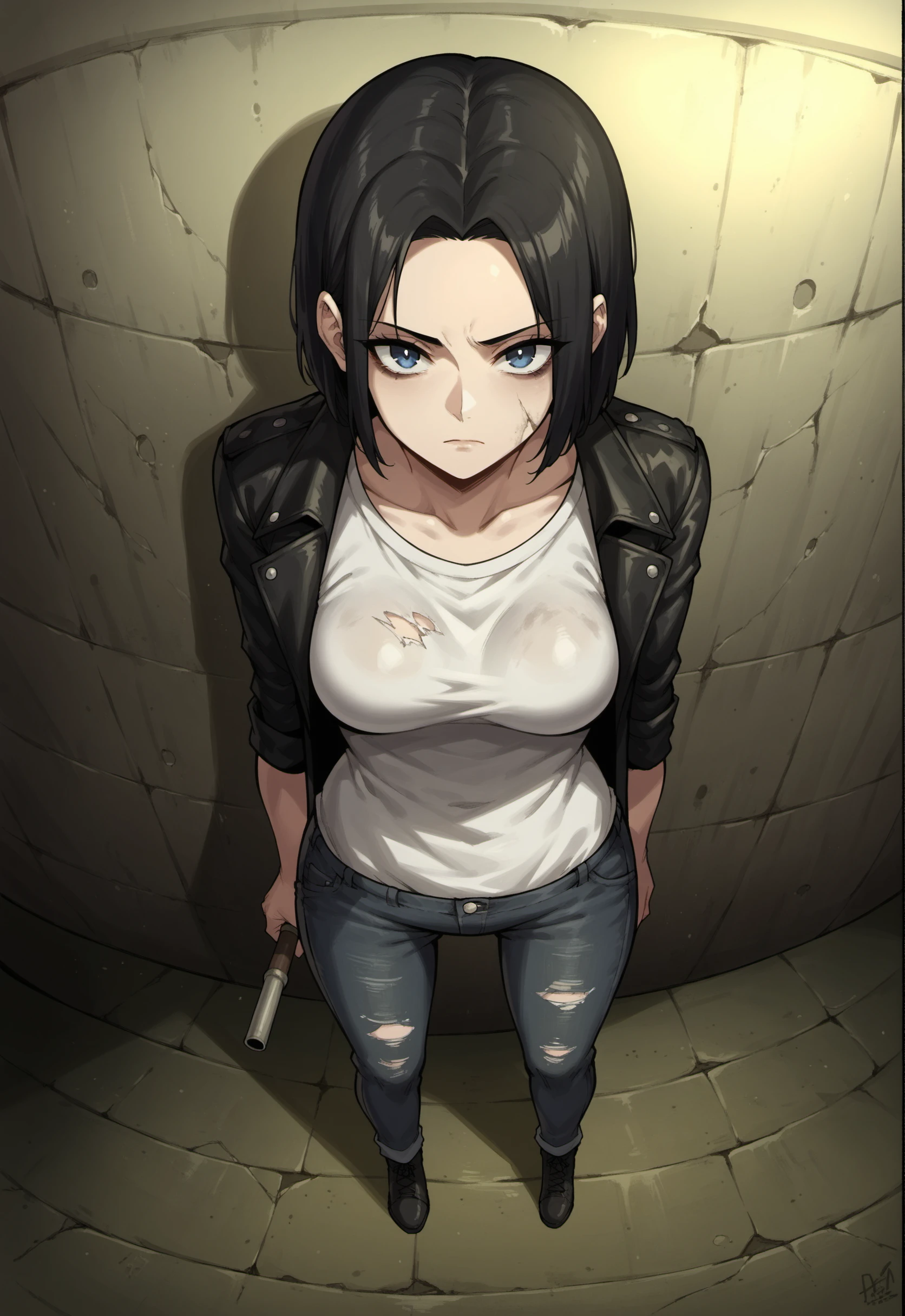 score_9, score_8_up, score_7_up, score_6_up,
BREAK
1girl, black hair, bob cut, medium hair, parted bangs, blue eyes, looking at viewer, medium breasts, white shirt, black leather jacket, denim pants, standing, leaning back, against wall, expressionless, from above
BREAK
UUDC, indoors, horror \(theme\), dark, abandoned, underground, tunnel, concrete walls, peeling paint, dirty floor, cracked floor, dim lighting, decayed, damaged walls, neglected, concrete floor,  shadows, urban decay, pipe, curved wall<lora:[Urban Liminal] Underground Construction Style Background_epoch_10:0.7>