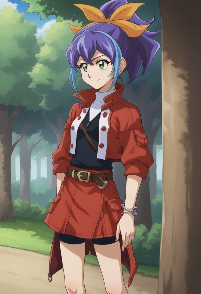 score_9, score_8_up, score_7_up, source_anime, highly detailed, 
celina, 1girl, solo, blue hair, purple hair, ponytail, bike shorts, bow, multicolored hair, two-tone hair, green eyes, hair bow, jacket, upper body, bracelet, jewelry,
smile, boots, belt, open jacket, black shirt, buttons, red skirt
outdoor, sky, tree,