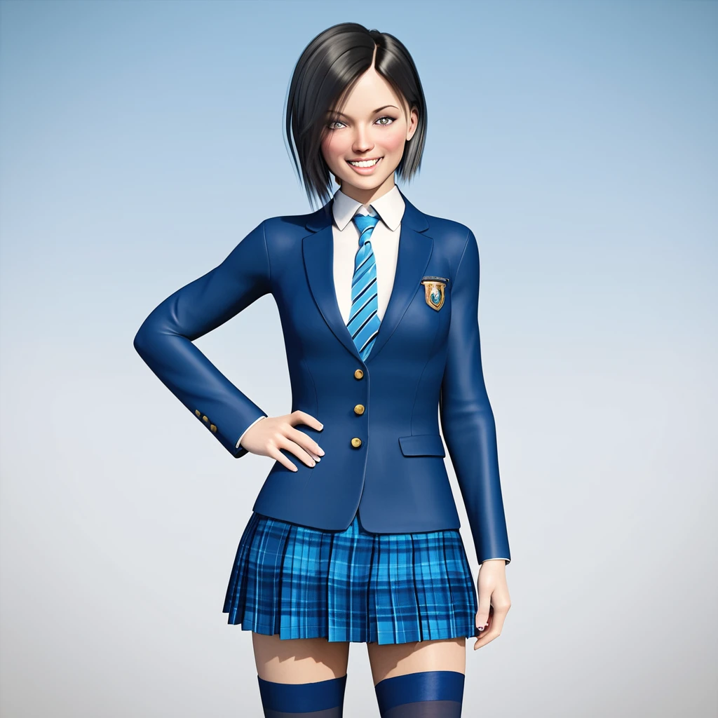 score_9, score_8_up, score_7_up, score_6_up, realistic, masterpiece, best quality, highly detailed, perfect anatomy, amazing quality, 3d, solo, 1girl, Chloe18, black hair, short hair, school uniform, blue blazer, striped necktie, blue skirt, plaid skirt, thighhighs, <lora:Chloe - Chloe18-000010:1>, standing, hand on hip, looking at viewer, smile, white background, simple background, cowboy shot