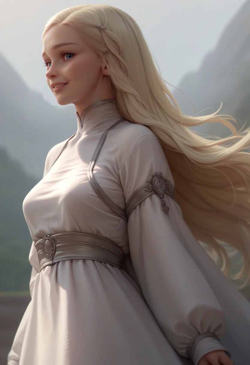 score_9, score_8_up, score_7_up, score_6_up, score_5_up, score_4_up, 1girl, <lora:DaenerysTargaryen:0.9> , solo, long hair, blonde hair, blue eyes, dress, white dress, covered breasts, covered arms, sleeves, standing, from side, covered neck, smile, looking at viewer,