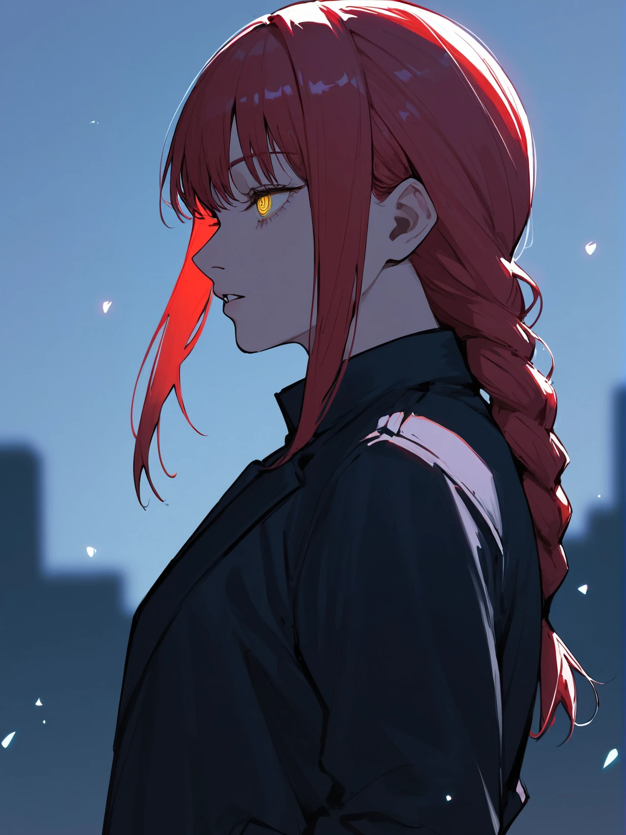 1girl, makima \(chainsaw man\), solo, long hair, shirt, jacket, yellow eyes, braid, sidelocks, outdoors, red hair, parted lips, from side, black jacket, profile, night, braided ponytail, ringed eyes, general,score_9,score_8_up,score_7_up,score_6_up,score_5_up,score_4_up,