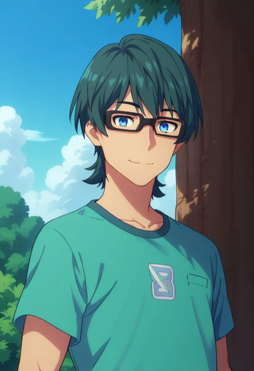 score_9, score_8_up, score_7_up, source_anime, highly detailed, 
utsumi, 1boy, male focus, solo, glasses, blue eyes, upper body, shirt,
t-shirt, green t-shirt, green hair,
outdoor, sky, clouds, tree, smile