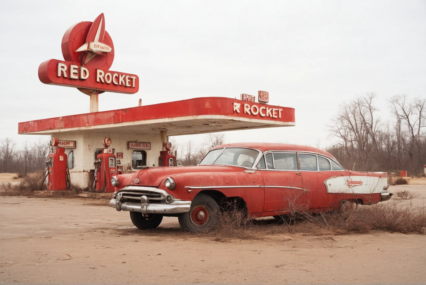 falloutcinematic, scenery, shooting location, Red Rocket gas station, tree, abandoned classic car, motor vehicle, outdoors, no humans, car, sign reads "RED ROCKET", road, bare tree, retro futurism, post apocalypse,, scenery, realistic, rocket, building, gas station building,
