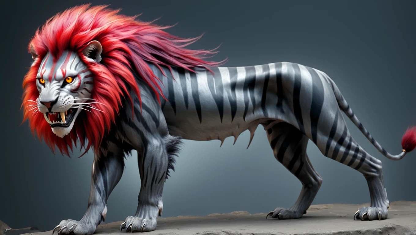 <lora:artfullyCSTALK_SDXL_V1:1.0>, Crimson Mane Stalker: A predator with a lion's build, sporting a striking red mane that flows like fire. Its fur is dark gray with silver stripes that catch the moonlight. The creature's teeth are long and sharp, glinting with a metallic sheen, 4 paws, hyperrealism