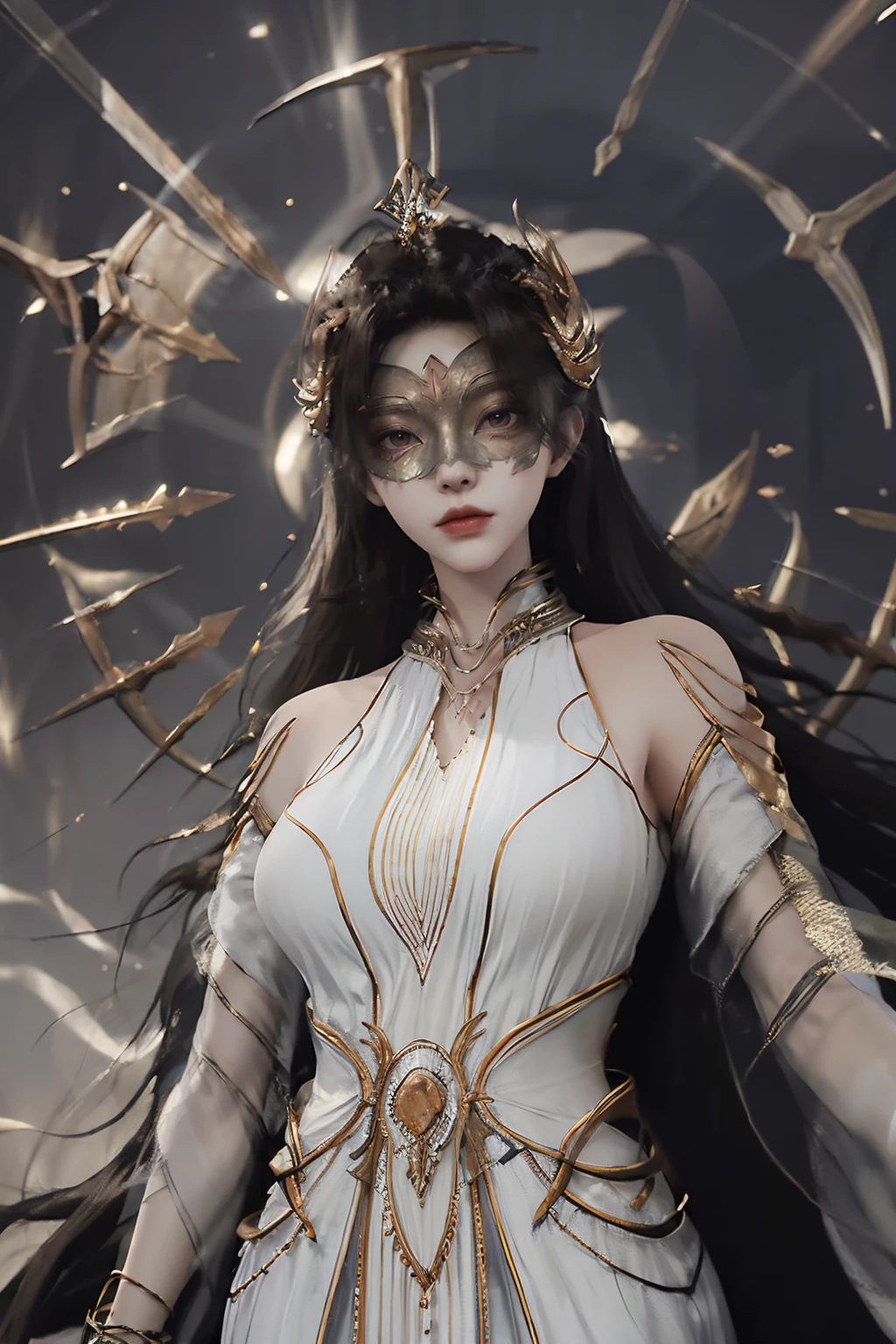 <lora:RuthlessEmperor:1>henrendadi, 1girl, solo, long hair, mask, upper body, white dress, black hair, looking at viewer, dress, detached sleeves, bare shoulders, jewelry, halo, breasts, hair ornament