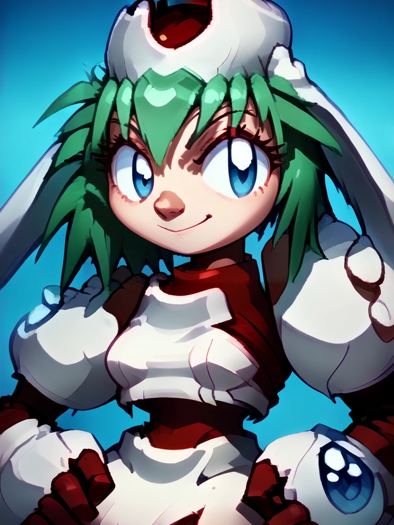 1girl, solo, Marina_Liteyears, green hair, blue eyes, human, small breasts, red dress, bare shoulders, smile, official, arms crossed, portrait, light skirt, red elbow gloves, looking at viewer, high resolution,  <lora:Marina_Liteyears_-_Mischief_Makers_-_1997-000009:1.25>, source_cartoon, score_9, score_8_up, score_7_up,