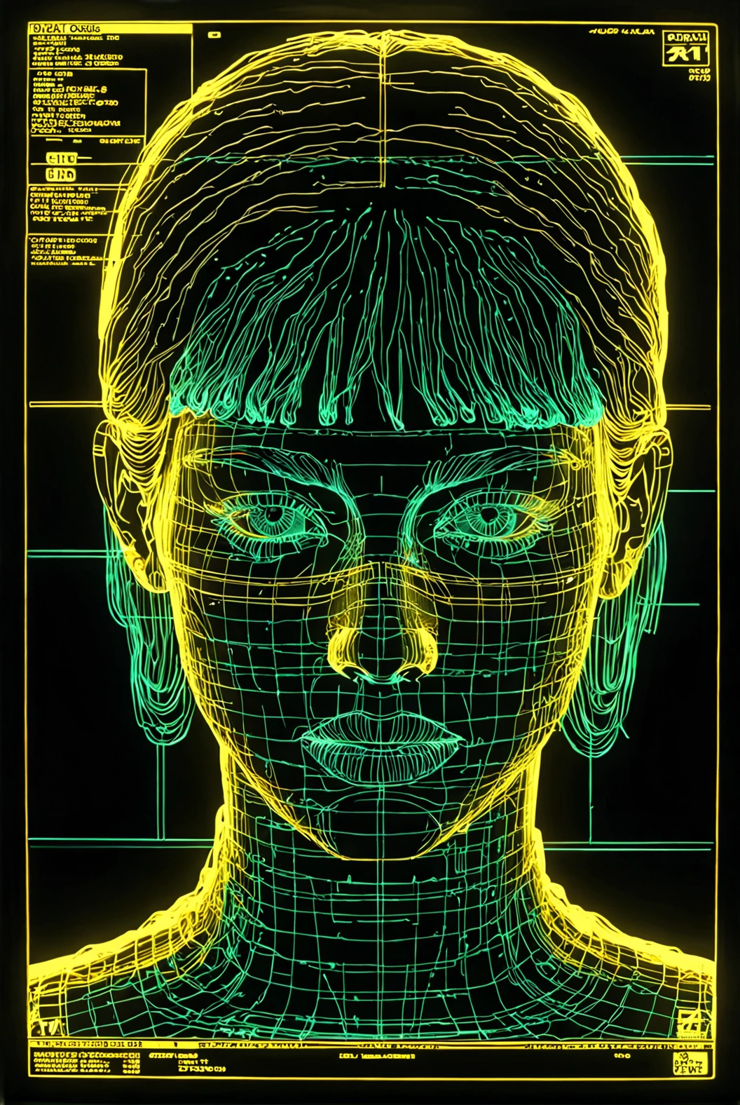 1girl, aqua wireframe of woman, vhs grain, dark lighting, gold reflections, CRT grain, white noise glitch, lineart, portrait, english text, UI display, HUD
[high quality photo, 4k, hd, 7-AnalogueInterfaces, 7-vectors]
<lora:add-detail-xl:0.5> <lora:CRT Vectors v1.0:0.8>