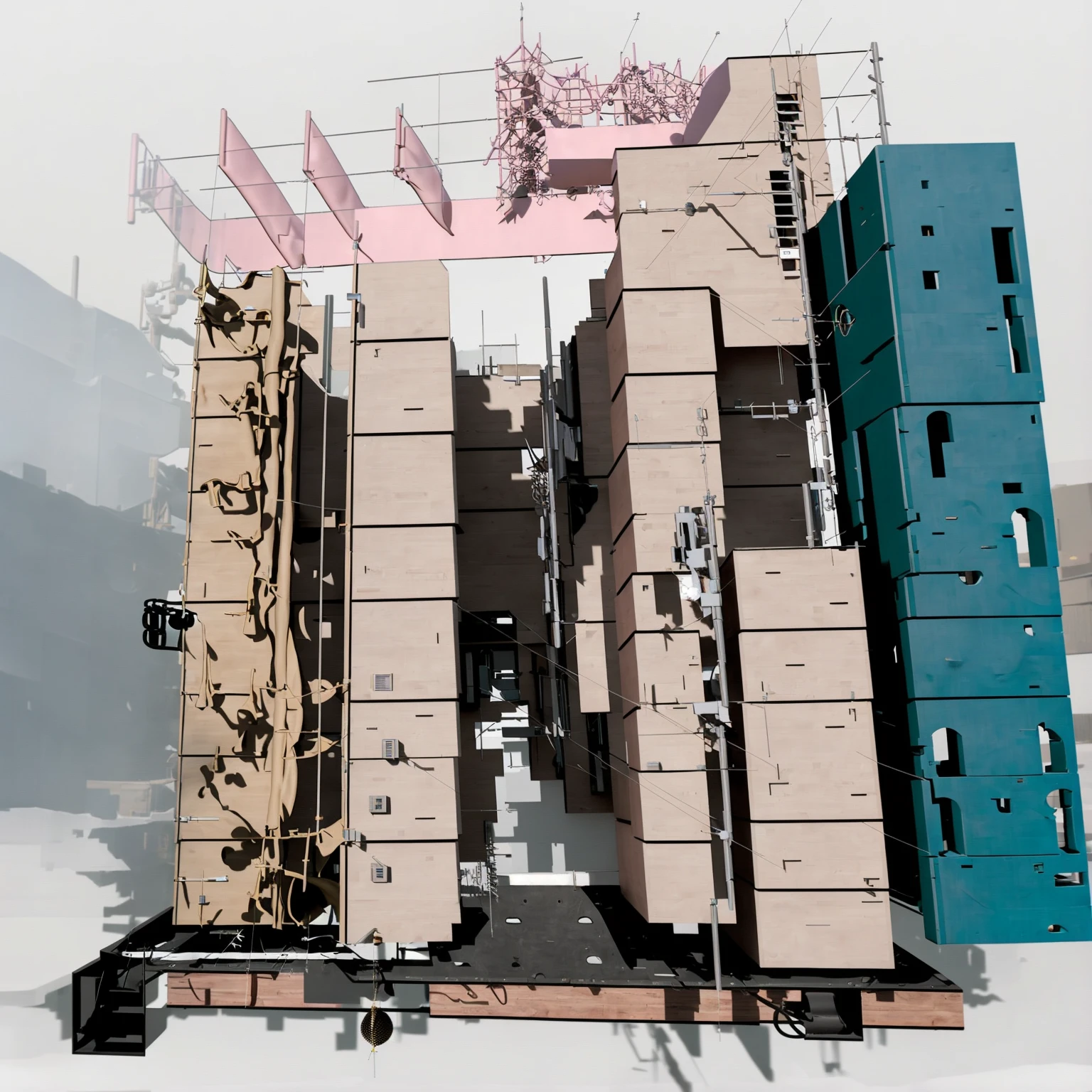a 3d rendering of an architectural sculpture, (kit bashing:1.5), a futuristic housing design, redshift, houdini, straight lines, collective housing, two big elevator cores in the center, rusty metal parts protecting the machine, (pink elements as accents:1.1), (connecting system:1.1), concrete staircases and ramps, (cables hanging from the structure:1.3), (a lot of infrastructure like engines and ventilation build on the facades:1.4), (concrete surfaces paired with transparent skin elements:1.1), clean background, (robotic design:1.2), (sci-fi:1.1), (4k,highly detailed:1.2), natural light, kubakub, (detailed textures:1.3), real landscape environment,