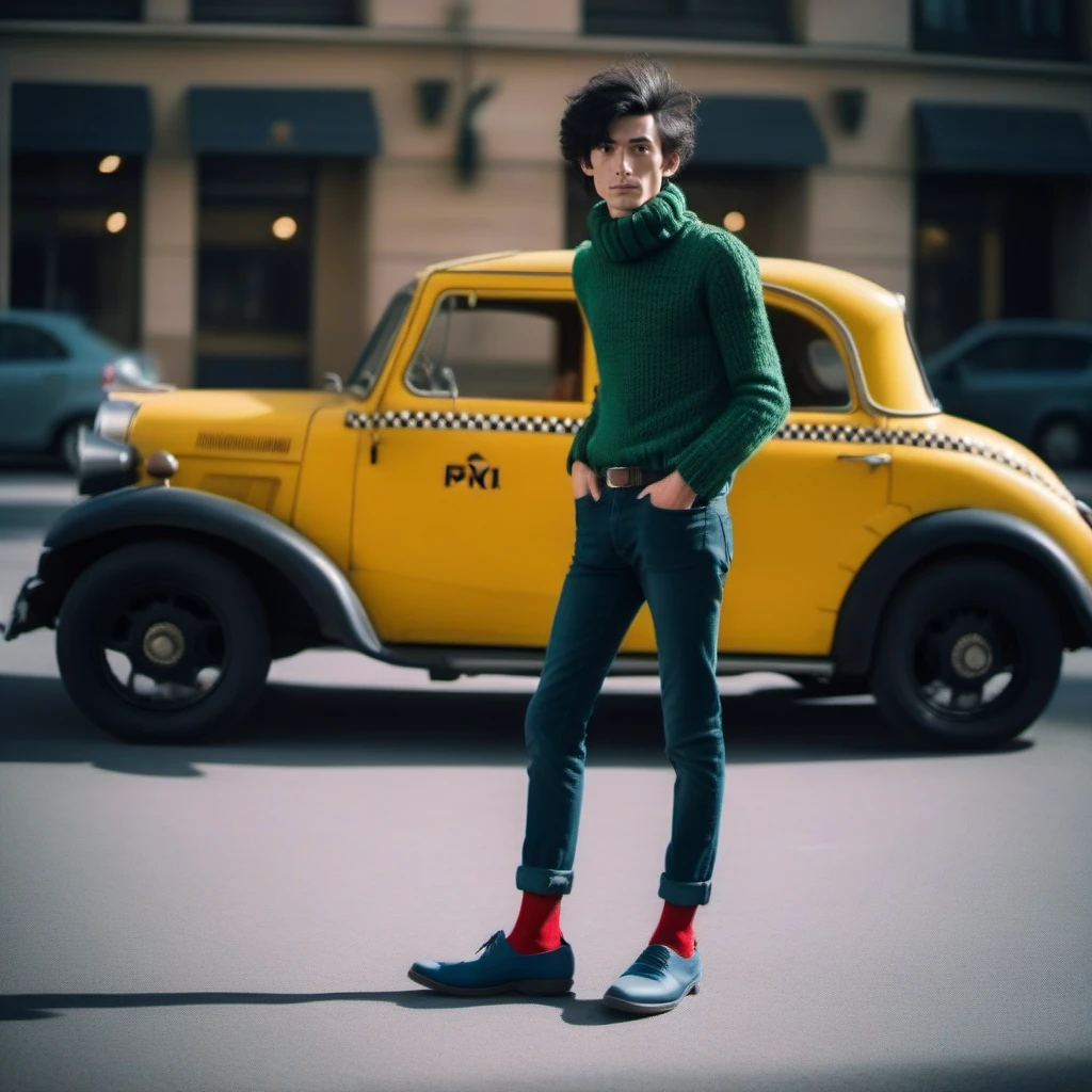 cinematic photo a full body portrait of skinny man, big head, black messy hair, green turtleneck sweater, denim blue pants, blue shoes, red socks, vintage 20s yellow and black taxi  <lora:Gaston1024:0.8> . 35mm photograph, film, bokeh, professional, 4k, highly detailed